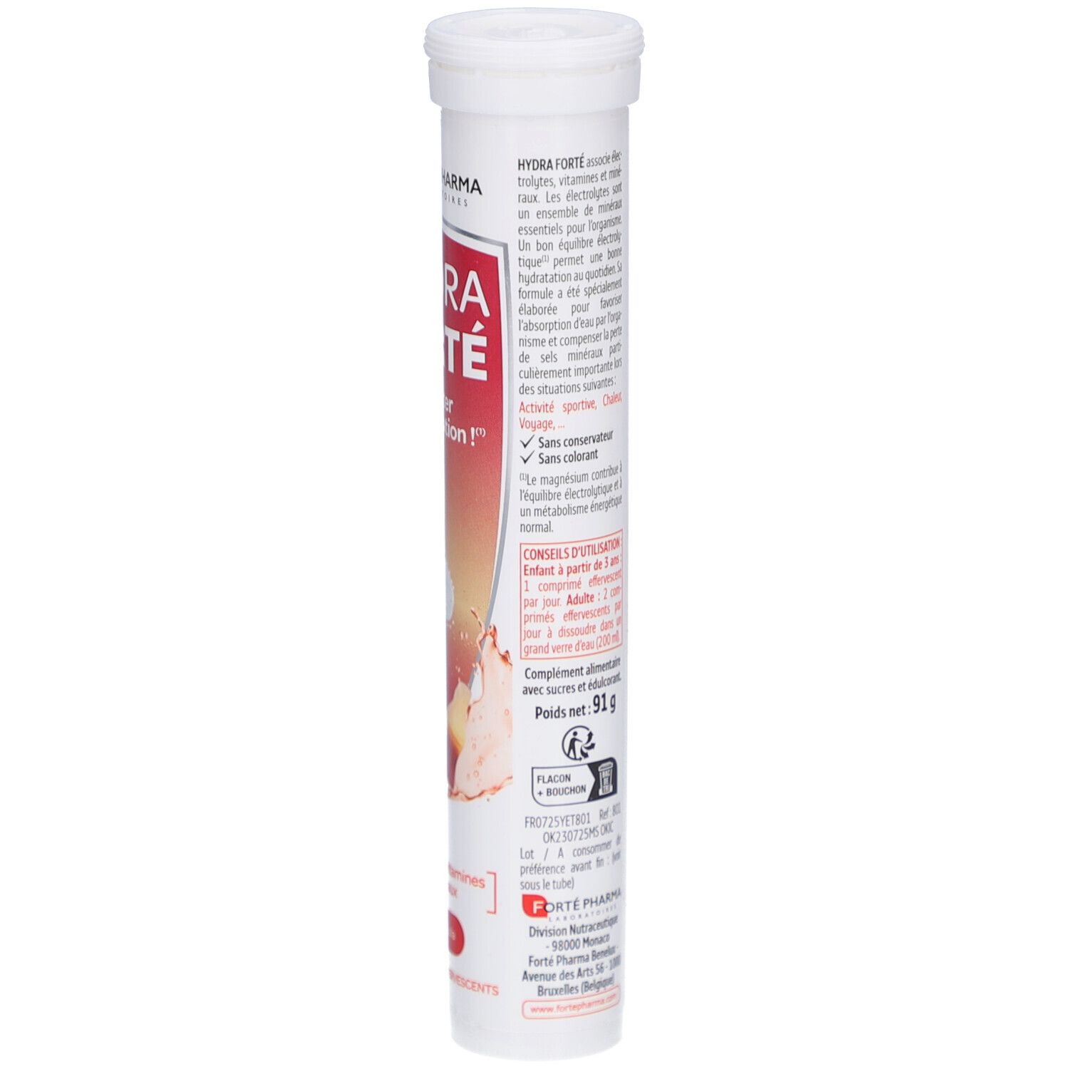 Weiße zylindrische Verpackung mit rotem Etikett. Aufschrift: HYDRA FORTE, Booster d'hydratation, Aromé Cola. Enthält 24 Brausetabletten.