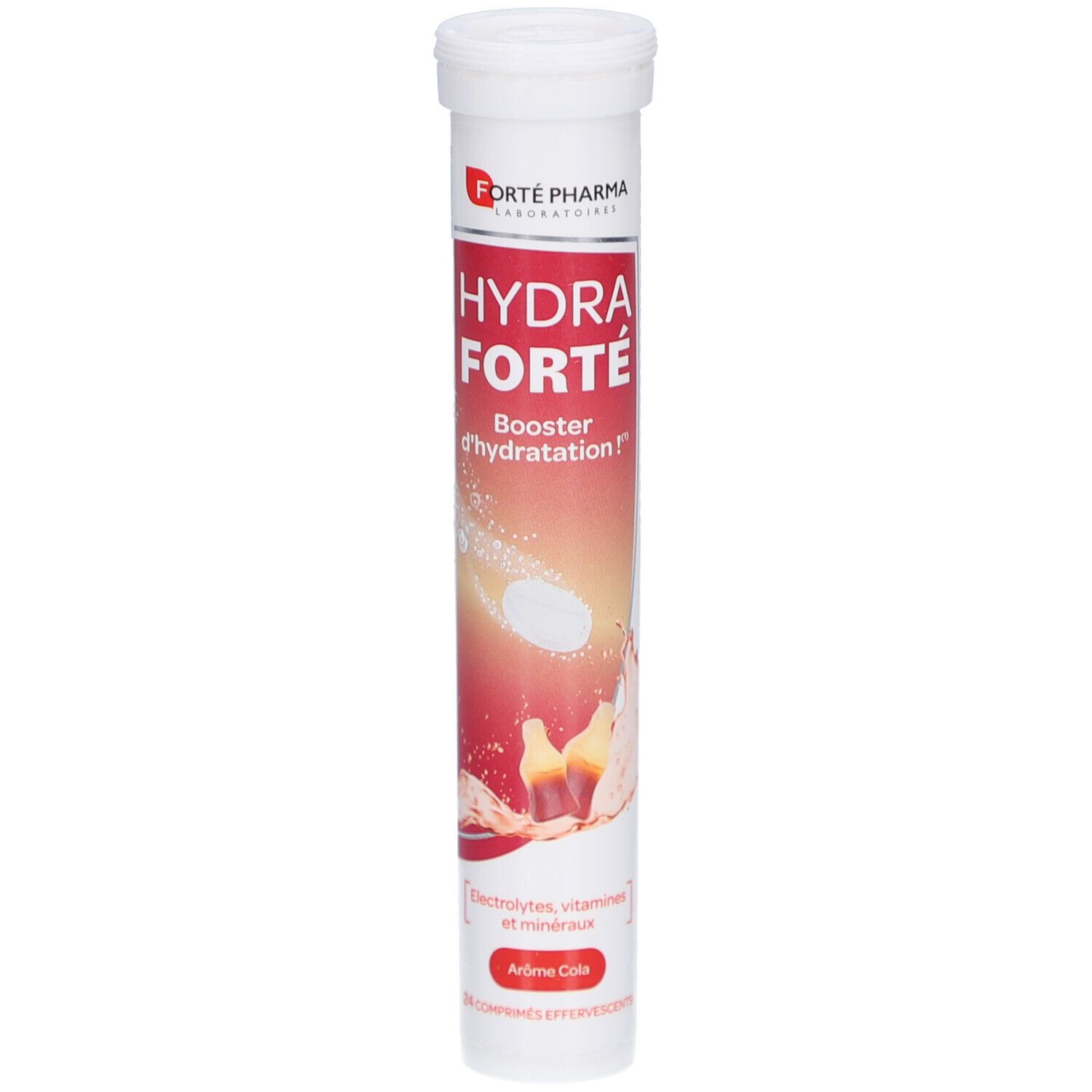 Zylindrische weiße Verpackung mit rotem Etikett. Aufschrift: HYDRA FORTE, Booster d'hydratation, Aromé Cola. Enthält 24 Brausetabletten.