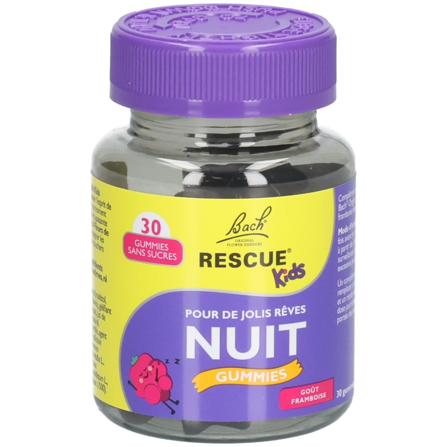 Glasflasche mit lila Deckel. Aufschrift: Bach RESCUE Kids NUIT Gummies, 30 gummies sans sucres. Geschmack: Framboise.