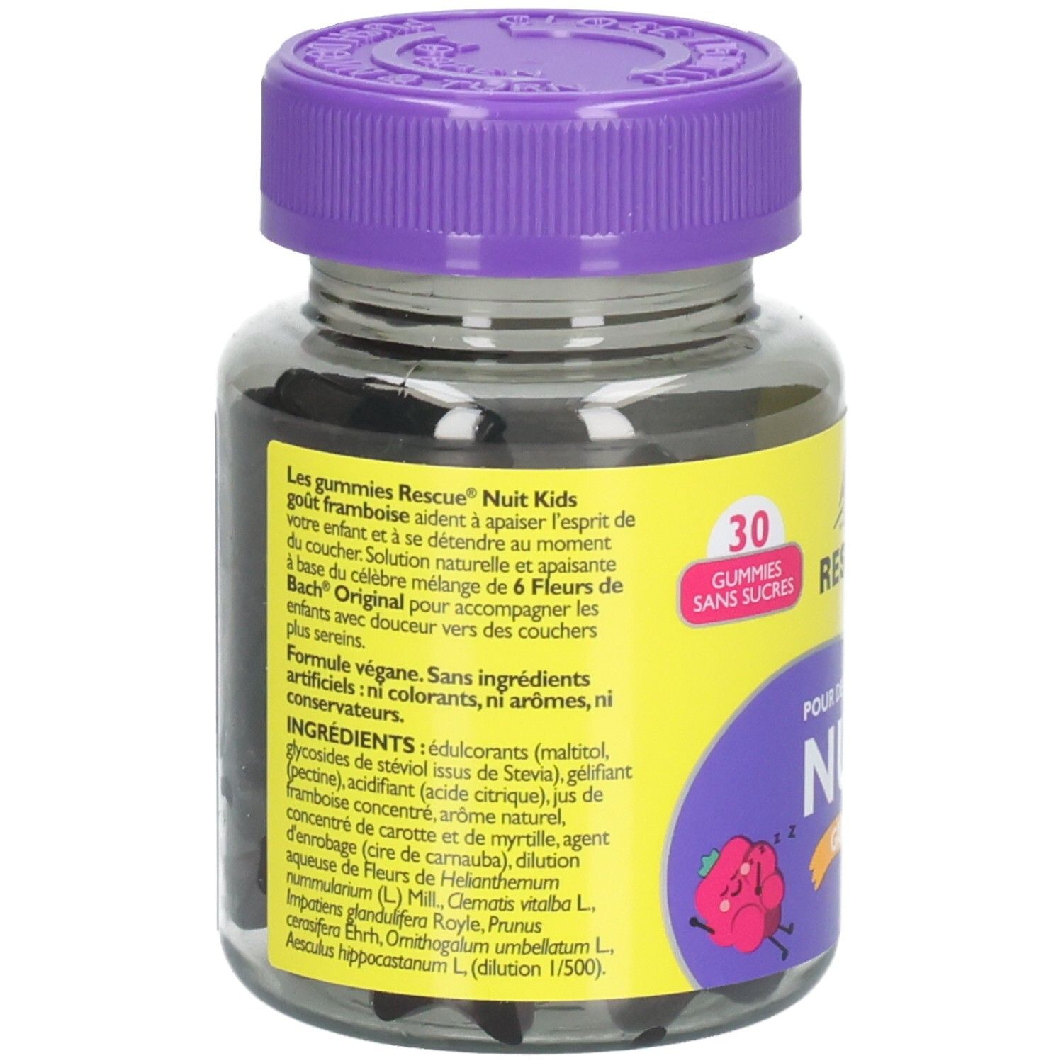 Rückseite der Glasflasche. Text: Inhaltsstoffe, vegane Formel, 30 gummies sans sucres. Aufschrift: Bach Original.