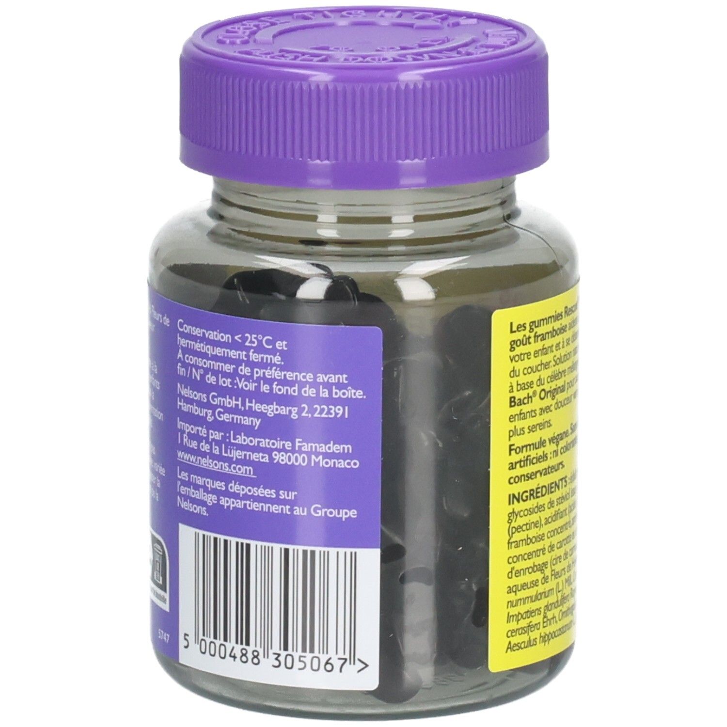 Rückseite der Glasflasche. Text: Aufbewahrung, Herstellerinformationen, Barcode. Inhalt: Gummibärchen.