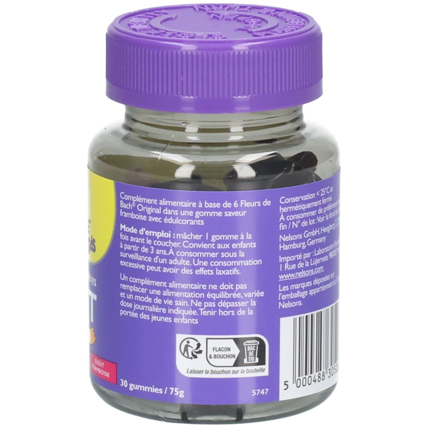 Rückseite der Glasflasche. Text: Mode d'emploi, Herstellerinformationen, Barcode. Aufschrift: 30 gummies/75g.