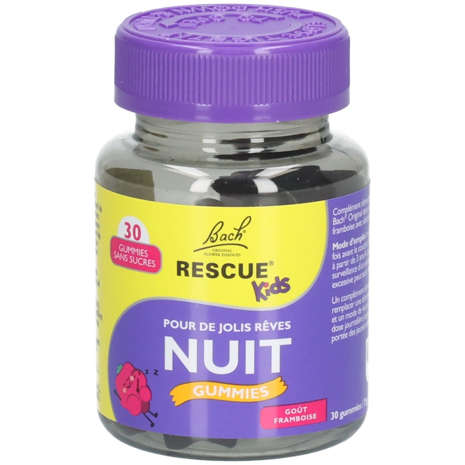 Glasflasche mit lila Deckel. Aufschrift: Bach RESCUE Kids NUIT Gummies, 30 gummies sans sucres. Geschmack: Framboise.