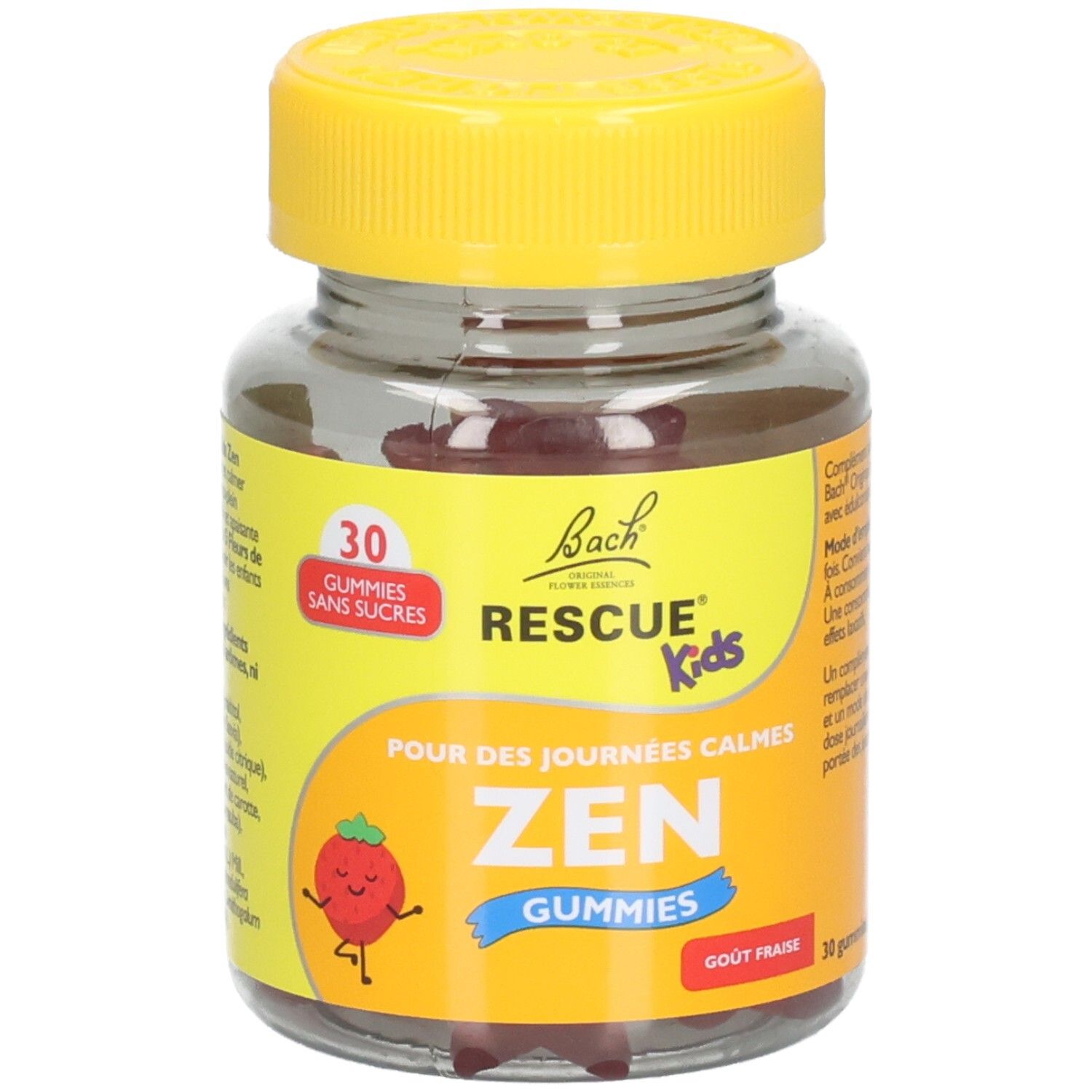 Glas mit gelbem Deckel. Aufschrift: RESCUE Kids ZEN GUMMIES, 30 Stück, ohne Zucker. Erdbeer-Geschmack.