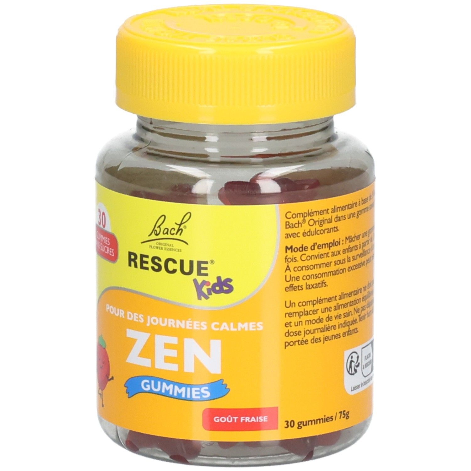 Glas mit gelbem Deckel. Aufschrift: RESCUE Kids ZEN GUMMIES, 30 Stück, ohne Zucker. Erdbeer-Geschmack. 75g.