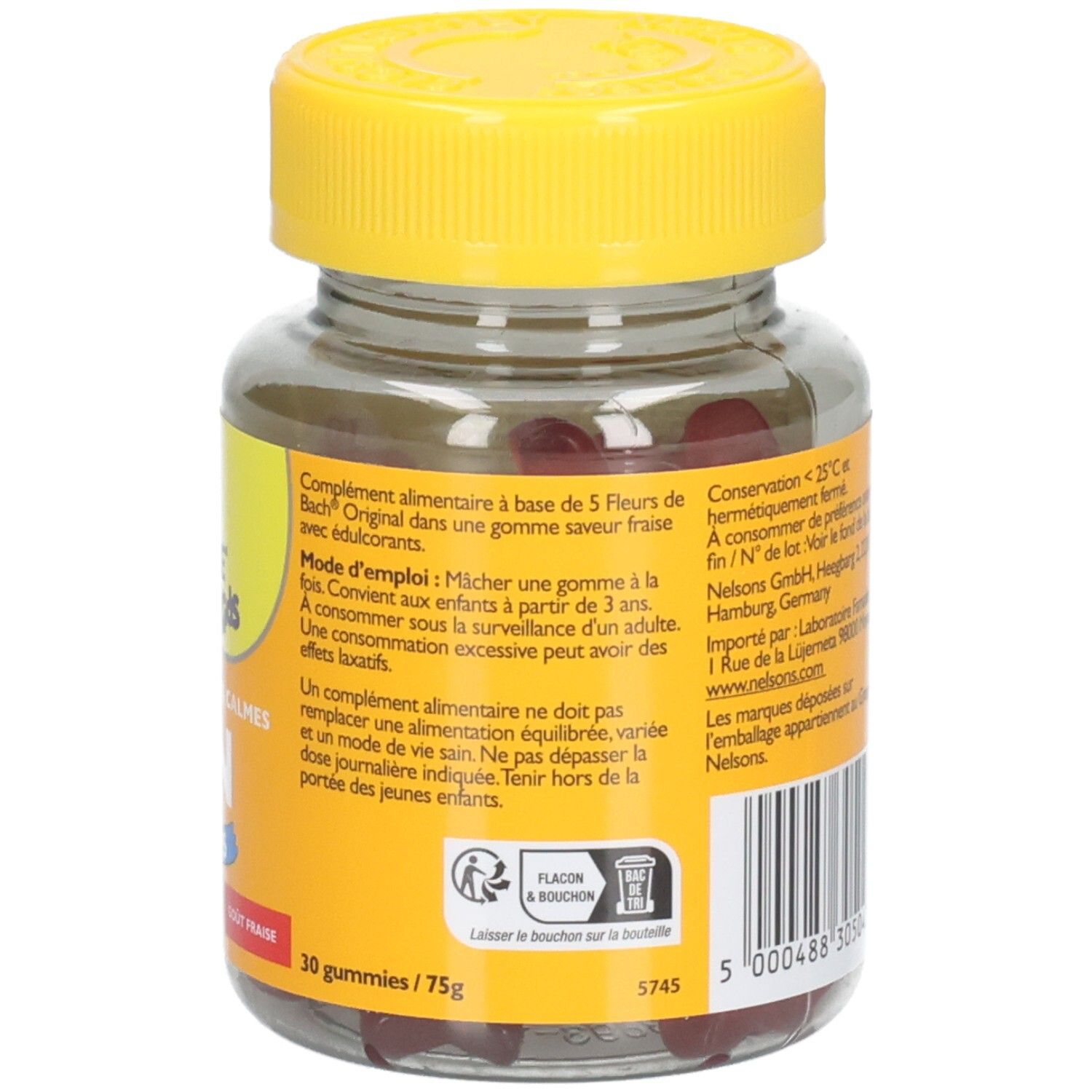 Rückseite des Glases mit gelbem Deckel. Text: Anwendung, Warnhinweise, 30 gummies/75g.