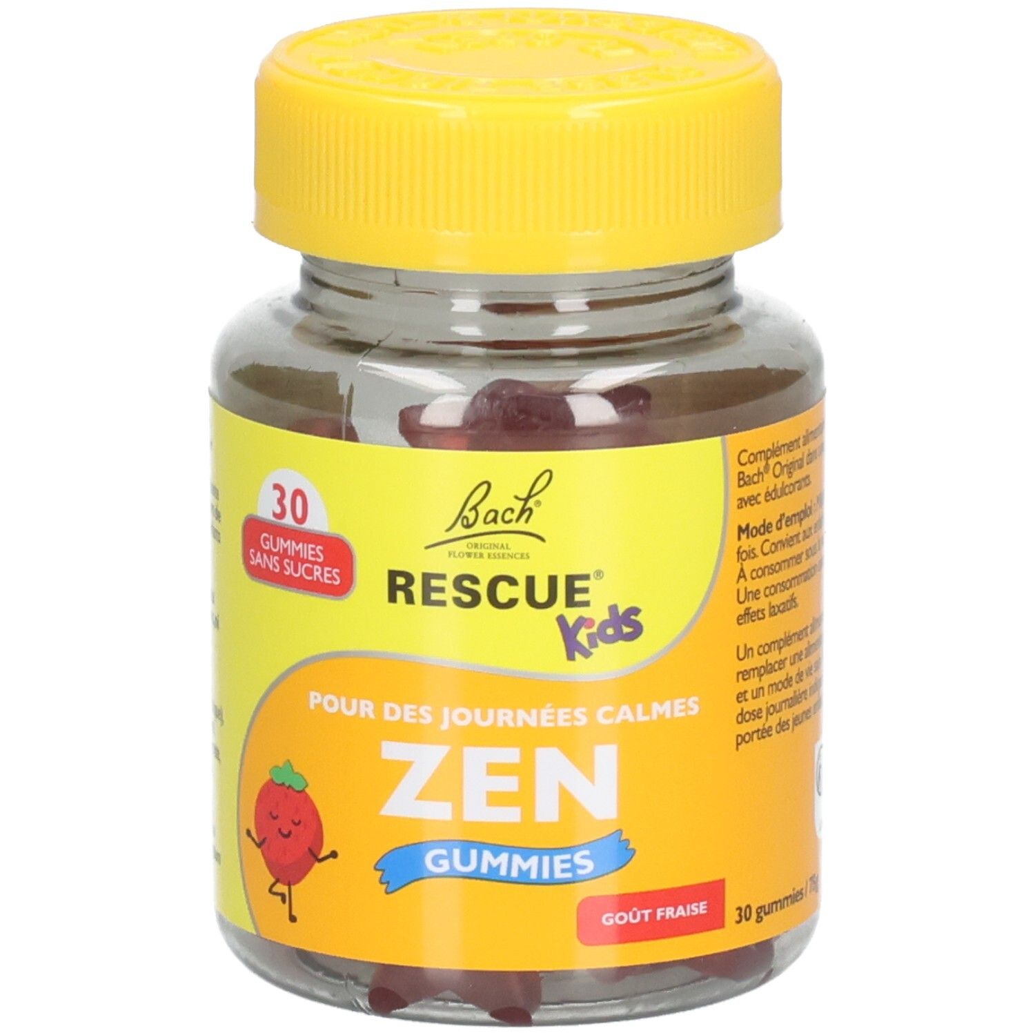 Glas mit gelbem Deckel. Aufschrift: RESCUE Kids ZEN GUMMIES, 30 Stück, ohne Zucker. Erdbeer-Geschmack.