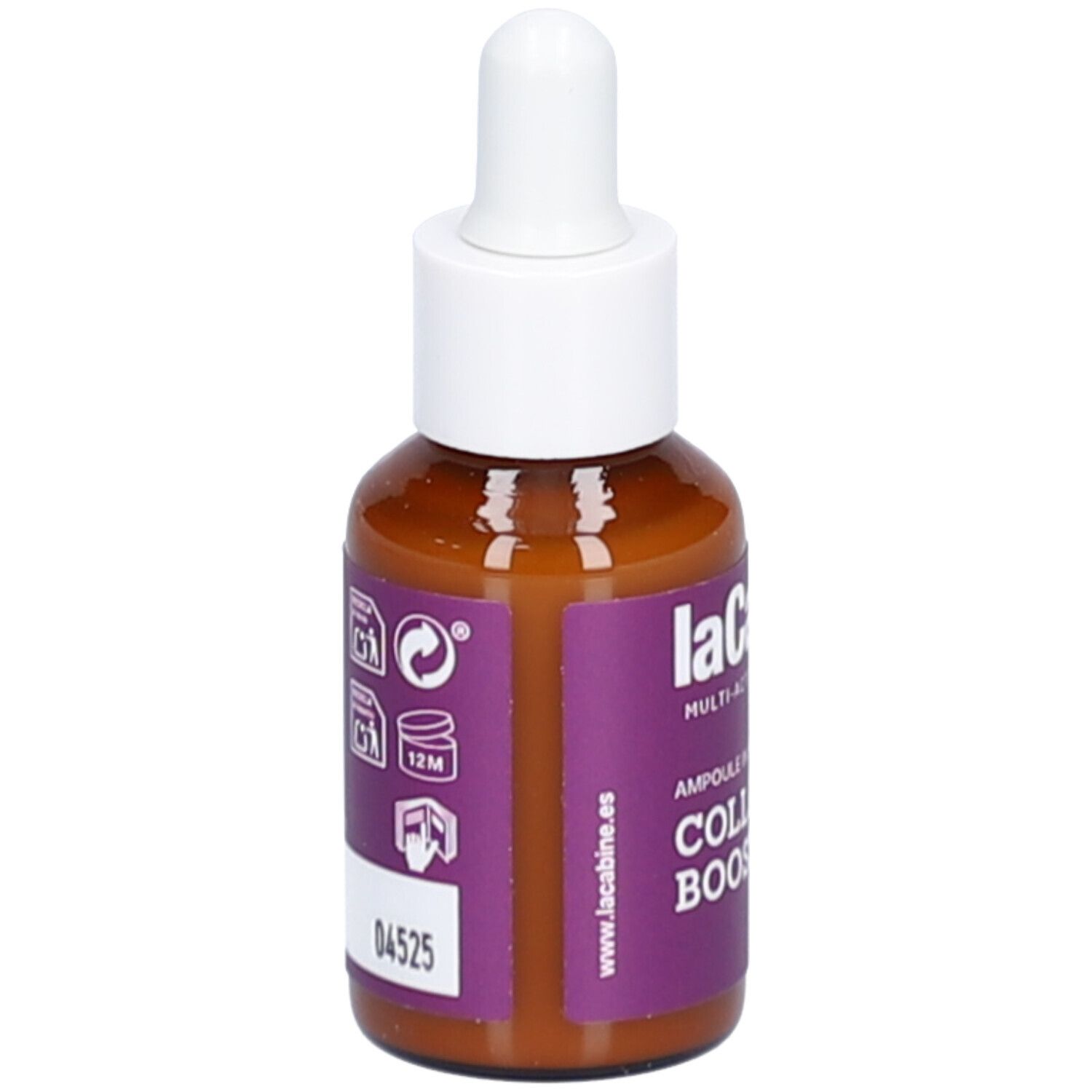 Braune Glasflasche mit weißem Tropfer. Lila Etikett mit Text und Symbolen. Produktname: COLLAGEN BOOST.