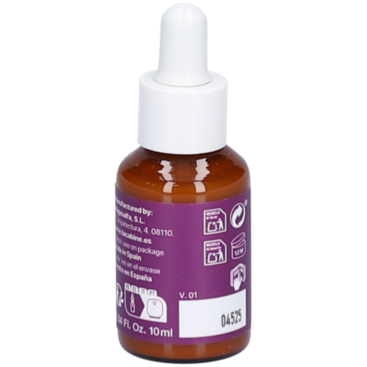Rückseite einer braunen Glasflasche mit weißem Tropfer. Lila Etikett mit Text und Symbolen. 10 ml.