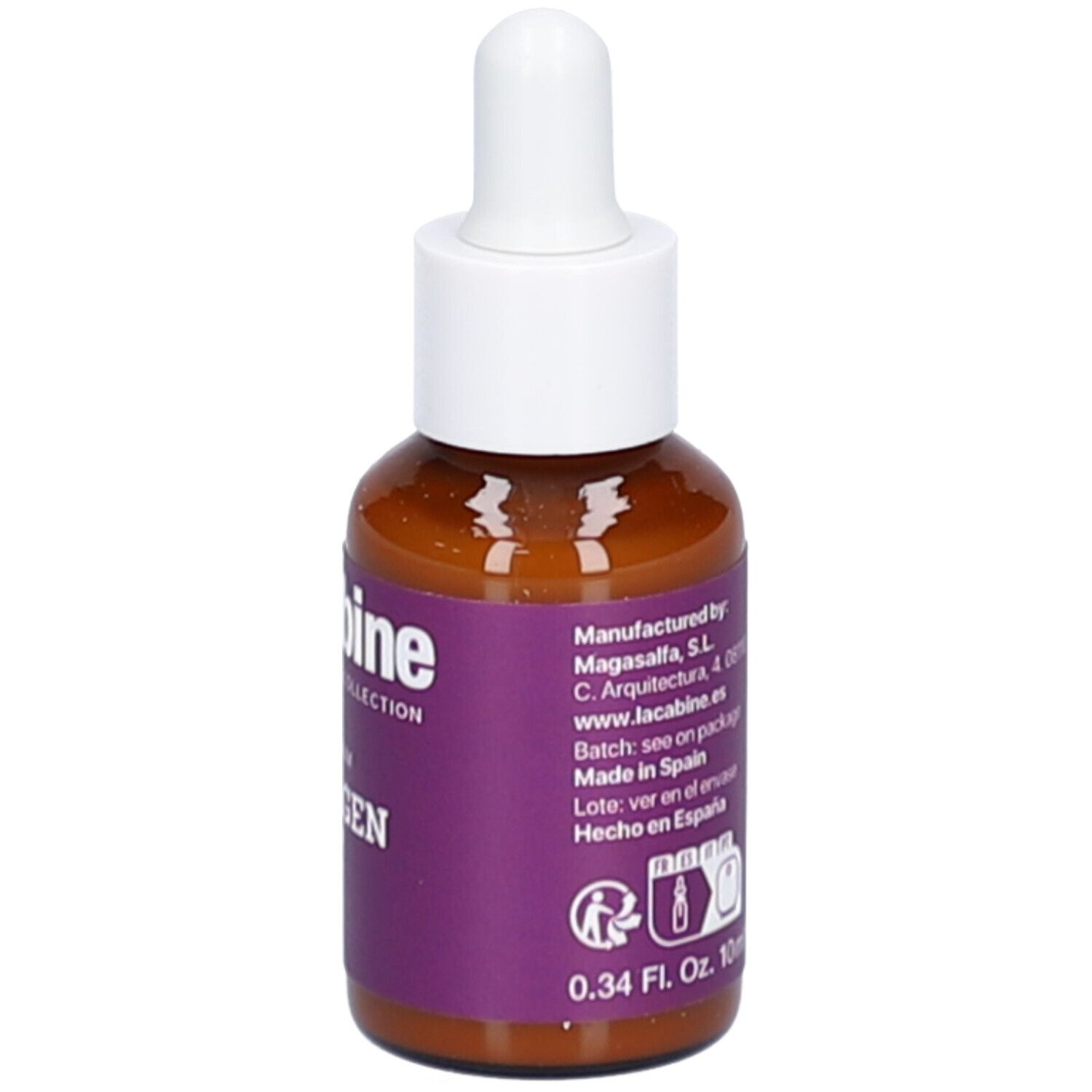 Braune Glasflasche mit weißem Tropfer. Lila Etikett mit Text. Herstellerinformationen. 0,34 Fl. Oz. 10 ml.