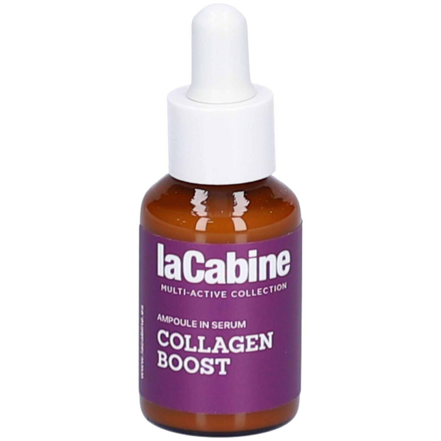 Braune Glasflasche mit weißem Tropfer. Lila Etikett mit Text: COLLAGEN BOOST. Produktname: laCabine.