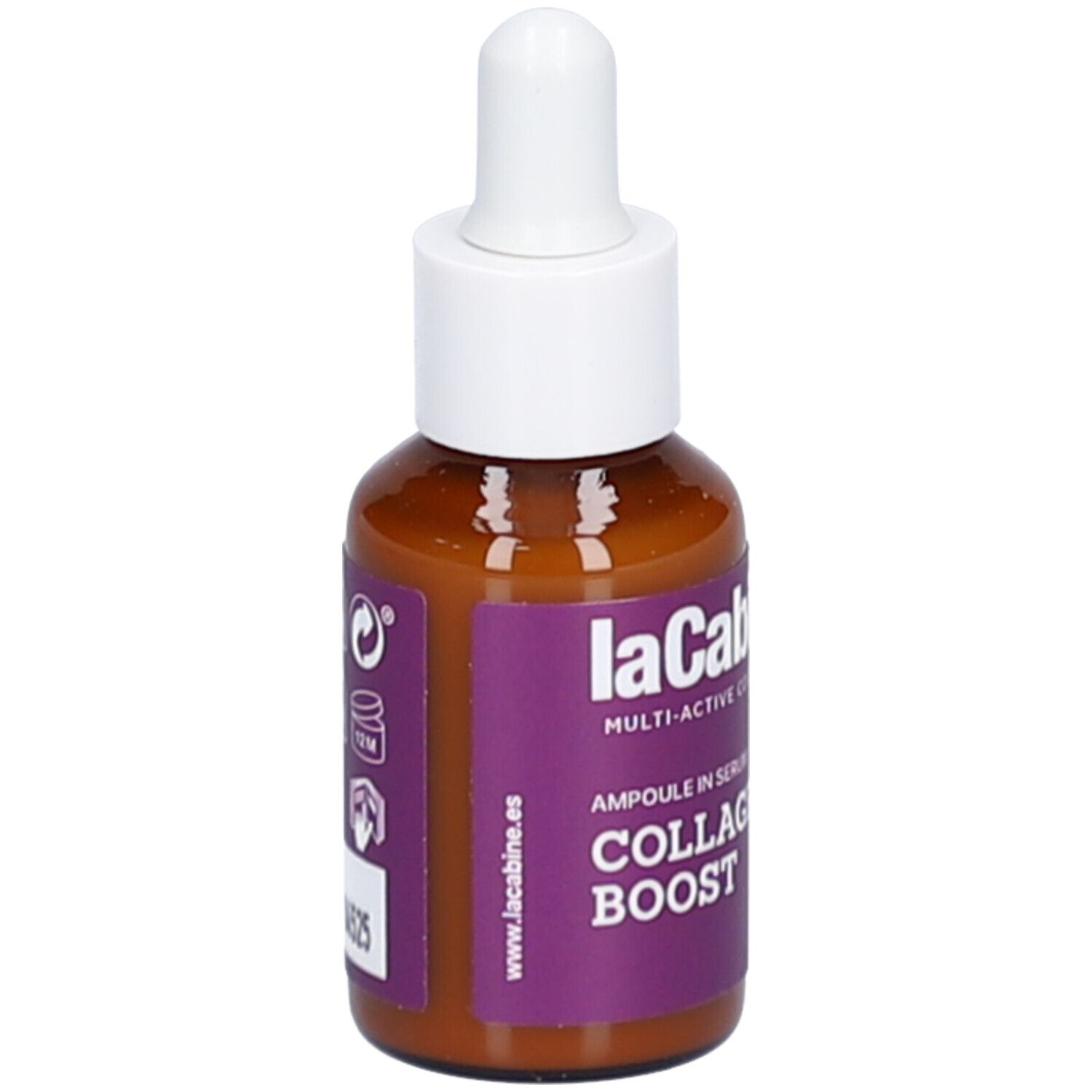 Braune Glasflasche mit weißem Tropfer. Lila Etikett mit Text und Symbolen. Produktname: COLLAGEN BOOST.