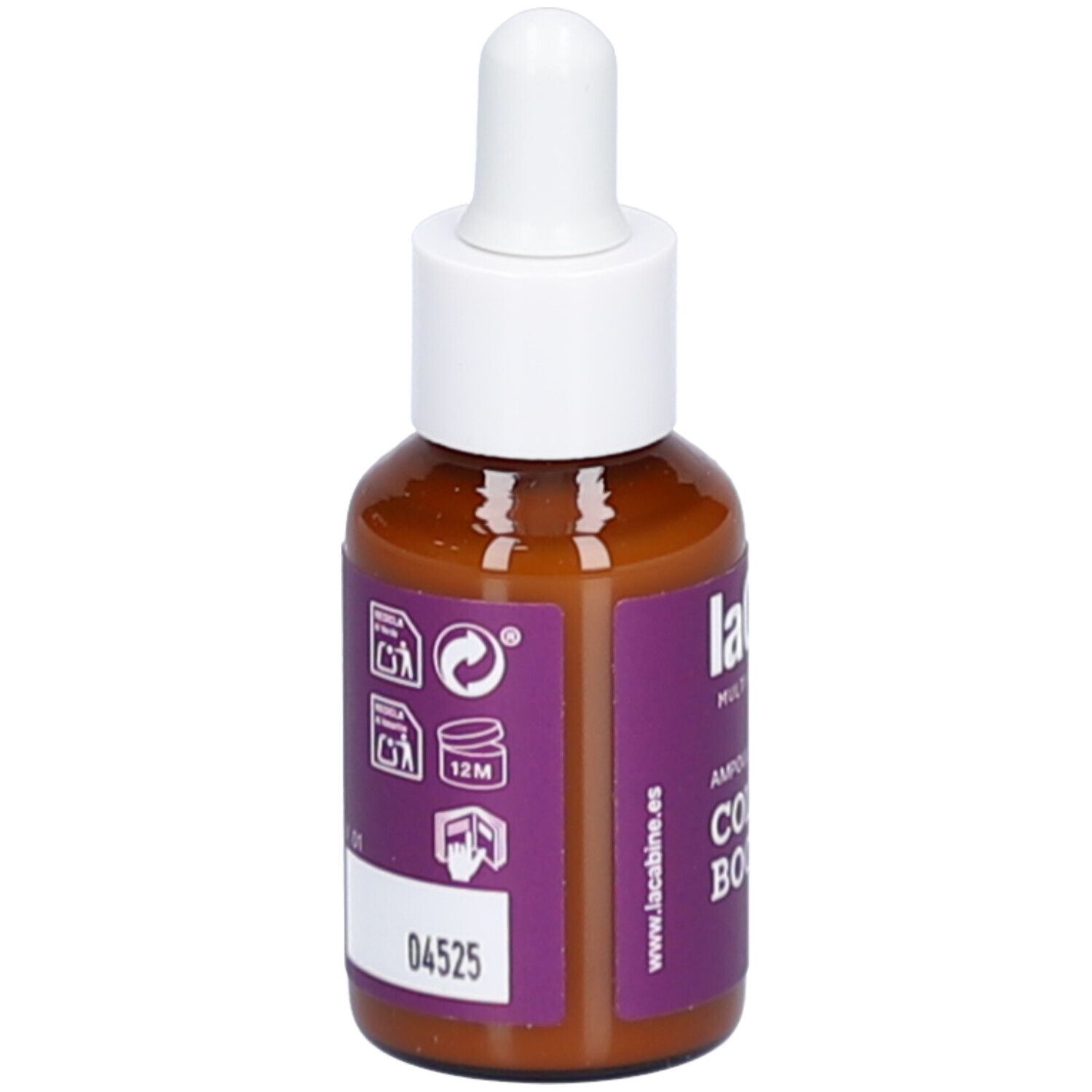 Braune Glasflasche mit weißem Tropfer. Lila Etikett mit Text und Symbolen. Produktname: COLLAGEN BOOST.