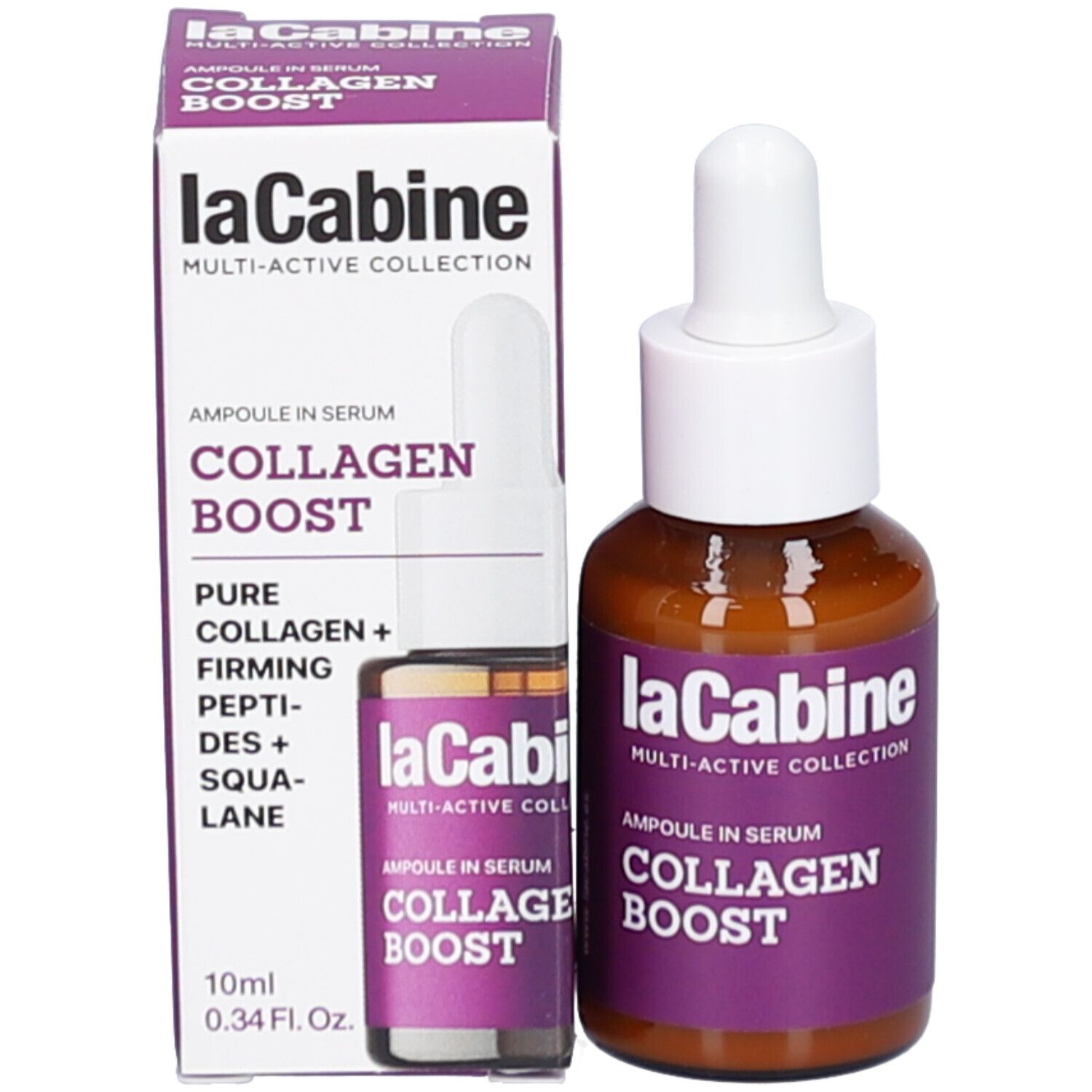 Produktverpackung und Flasche. Karton mit Flasche. Produktname: COLLAGEN BOOST. Flasche mit Tropfer.
