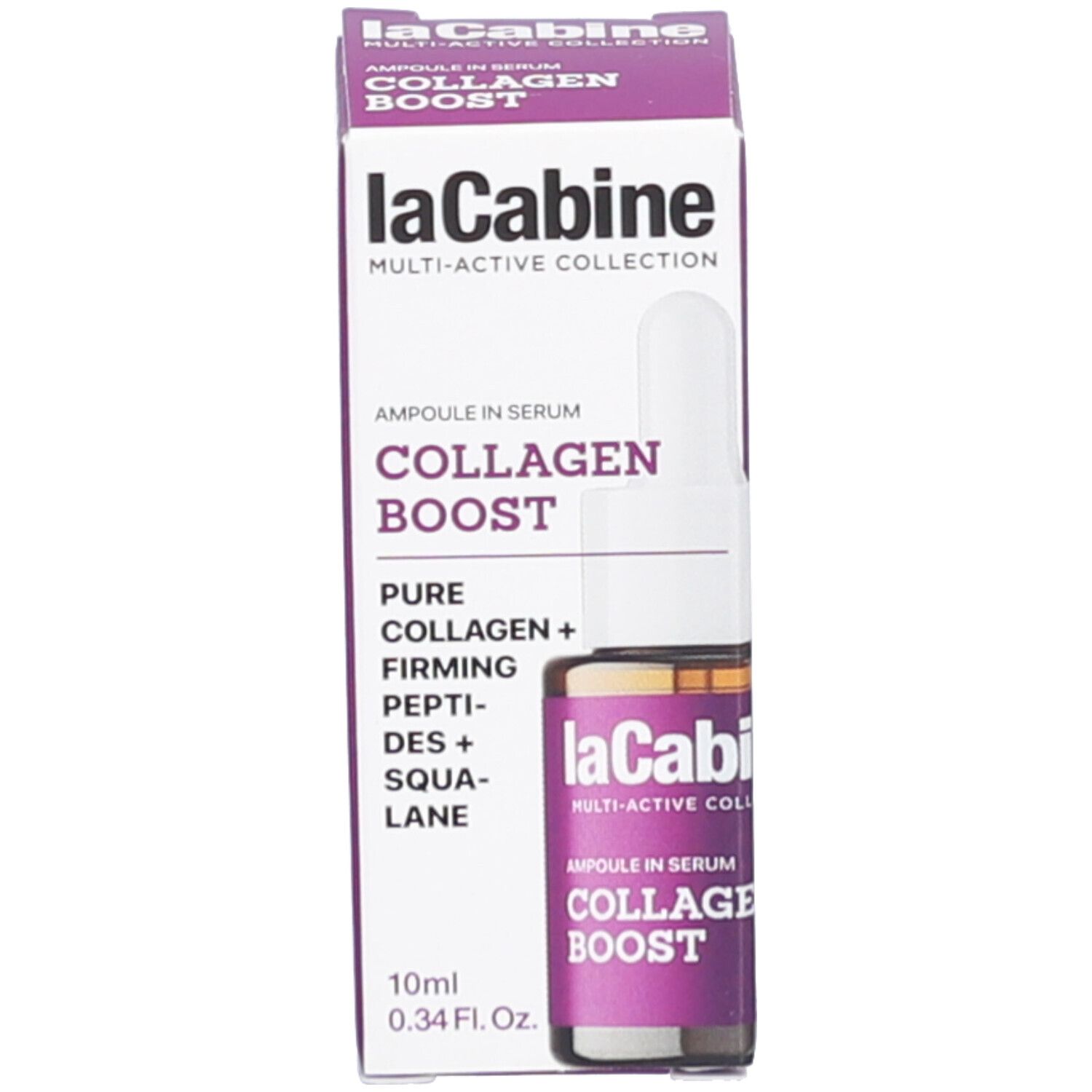 Produktverpackung. Karton mit Text: COLLAGEN BOOST. Flasche mit Tropfer im Inneren. 10ml.