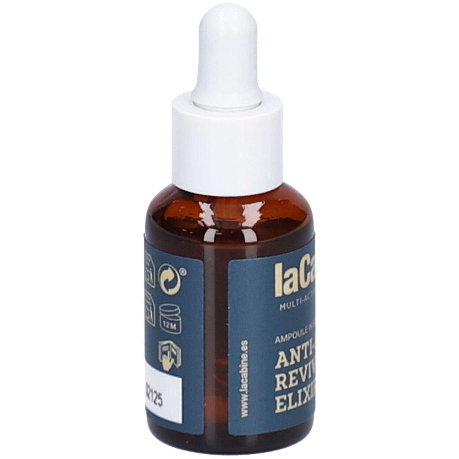 Braune Glasflasche mit weißem Tropfer. Blaue Etiketten mit Produktinformationen und Logo. Sichtbare Schriftzüge: laCabine, Anti-Aging Reviving Elixir.