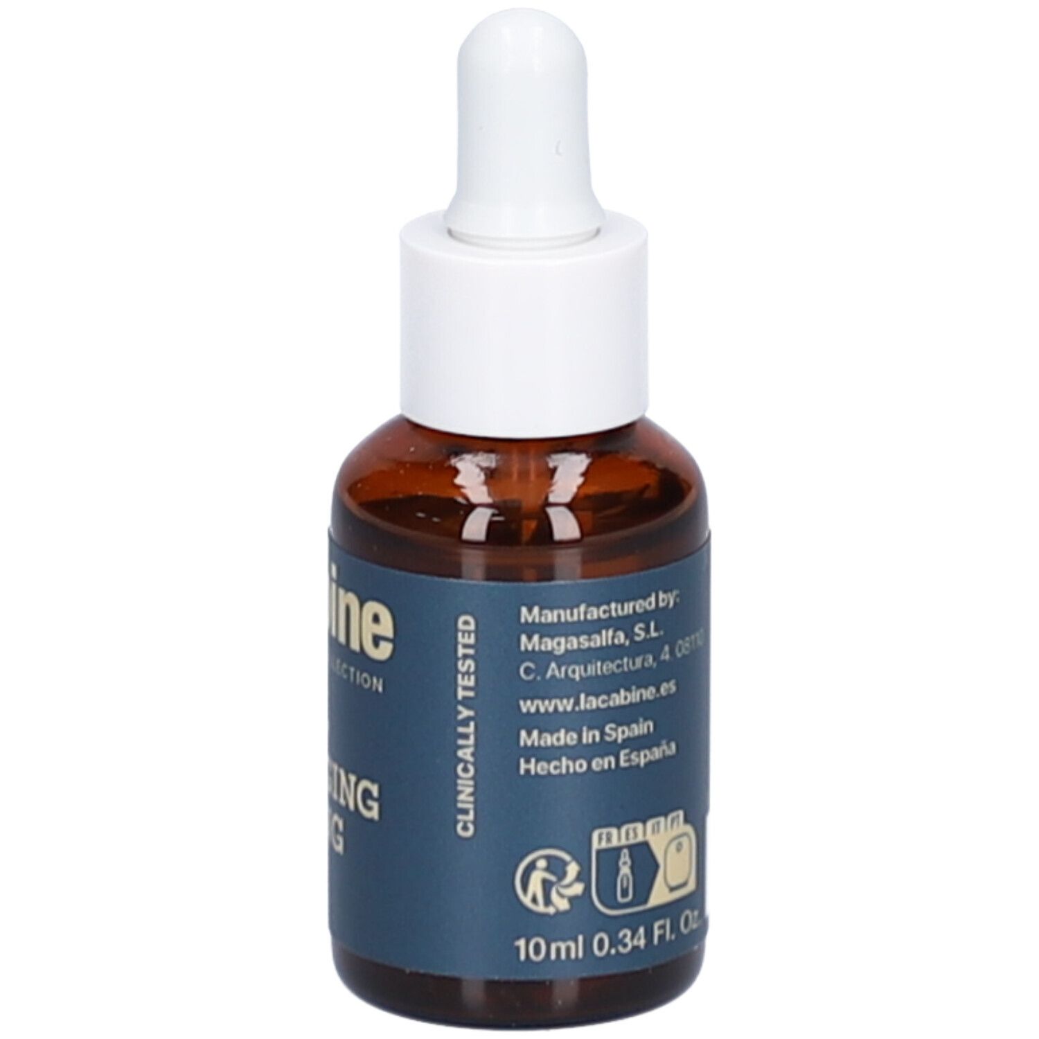 Braune Glasflasche mit weißem Tropfer. Blaues Etikett mit Produktinformationen. Sichtbare Schriftzüge: 10ml 0.34 Fl. Oz., Clinically Tested, Herstellerinformationen.