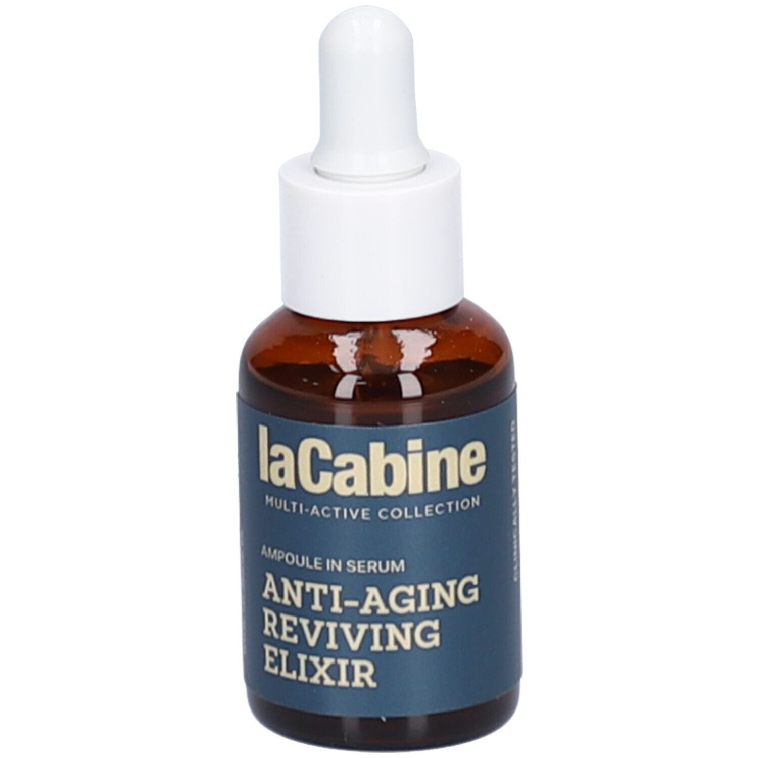 Braune Glasflasche mit weißem Tropfer. Blaues Etikett mit Produktinformationen. Sichtbare Schriftzüge: laCabine, Anti-Aging Reviving Elixir, Ampoule in Serum.