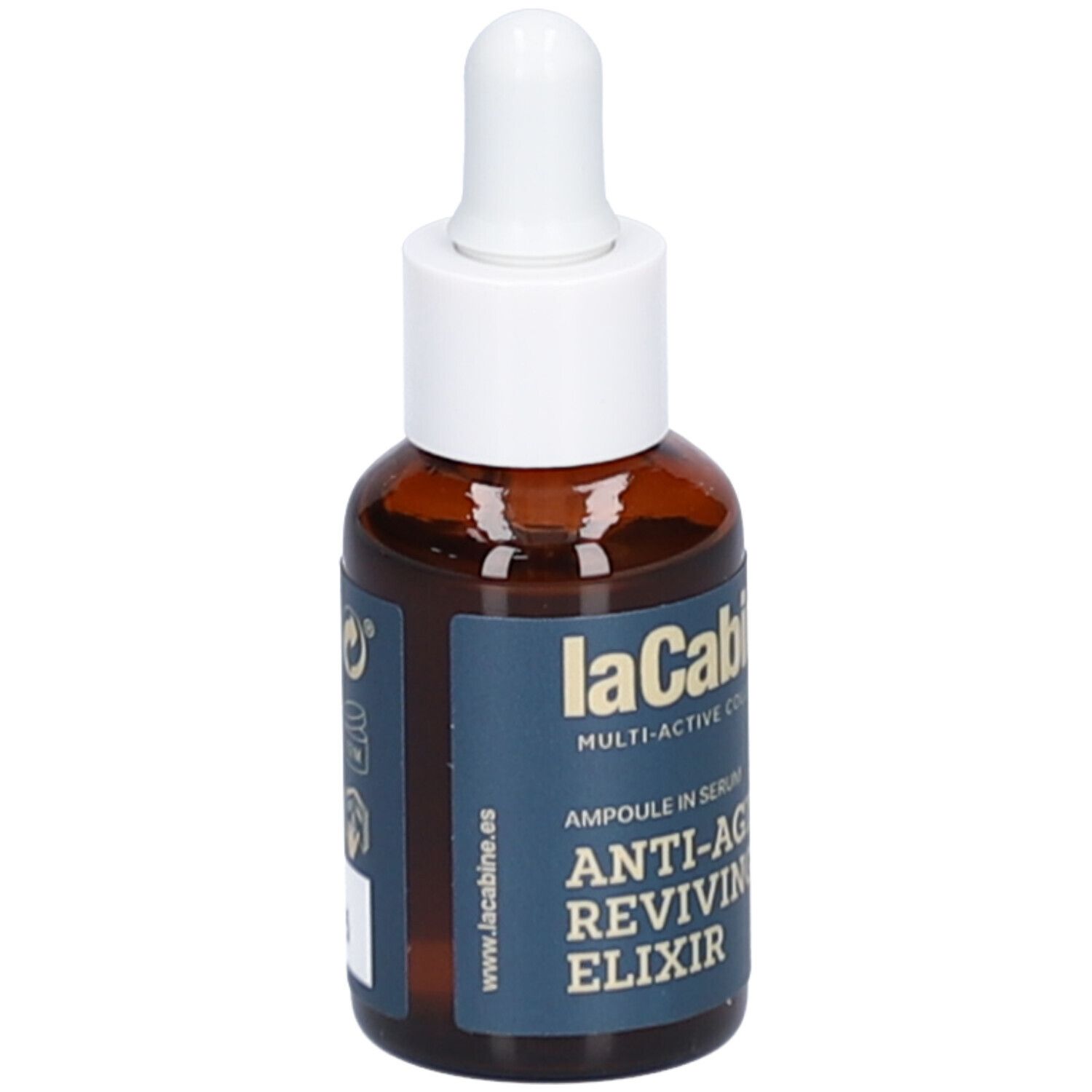 Braune Glasflasche mit weißem Tropfer. Blaues Etikett mit Produktinformationen. Sichtbare Schriftzüge: laCabine, Anti-Aging Reviving Elixir, Ampoule in Serum.