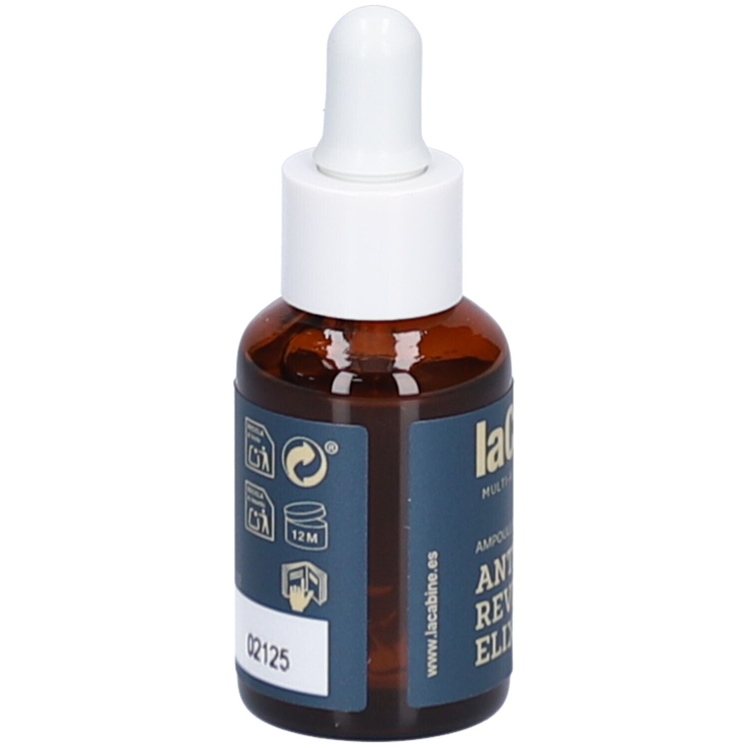 Braune Glasflasche mit weißem Tropfer. Blaues Etikett mit Produktinformationen. Sichtbare Schriftzüge: 02125, laCabine, Anti-Aging Reviving Elixir, 12M.