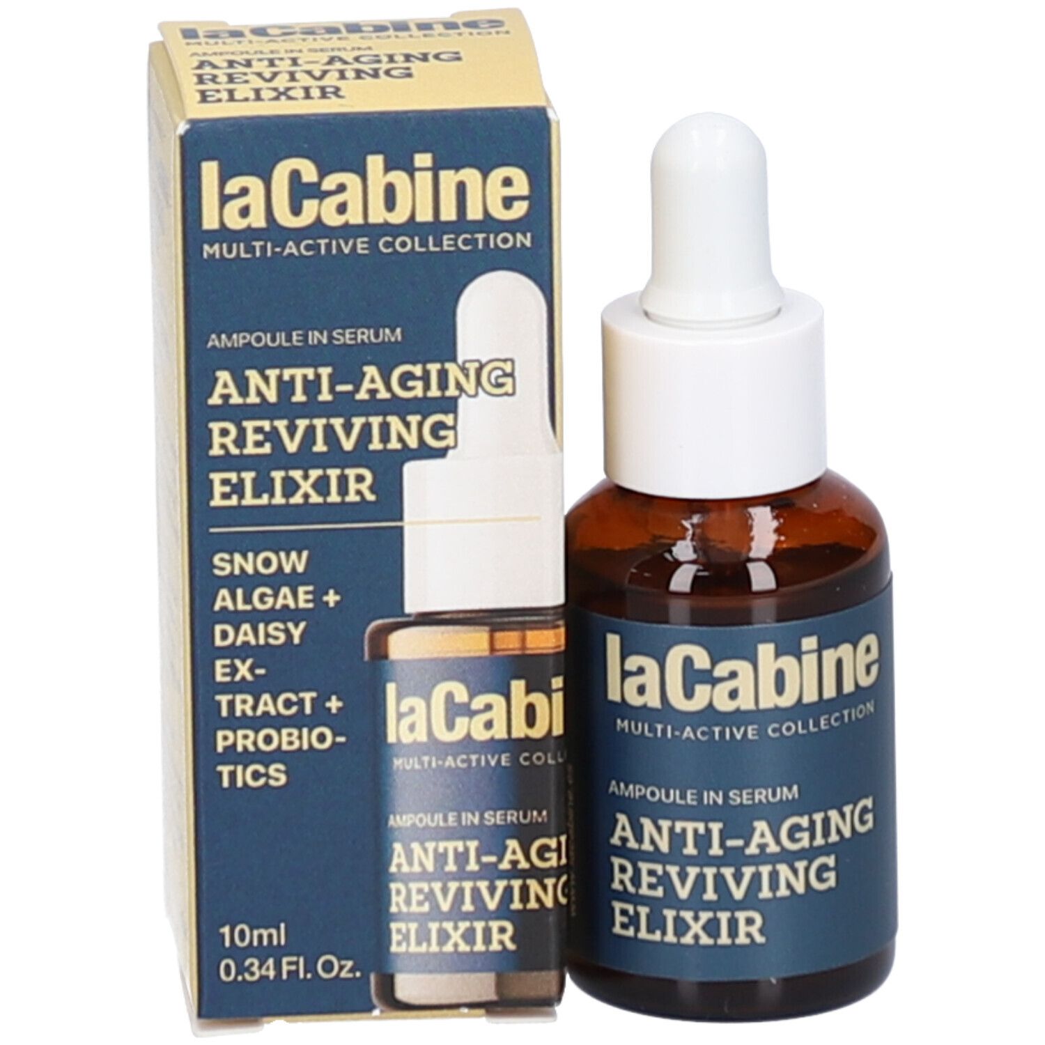 Produktverpackung mit Flasche und kleiner Ampulle. Sichtbare Schriftzüge: laCabine, Anti-Aging Reviving Elixir, 10ml 0.34 Fl. Oz., Snow Algae + Daisy Extract + Probiotics.