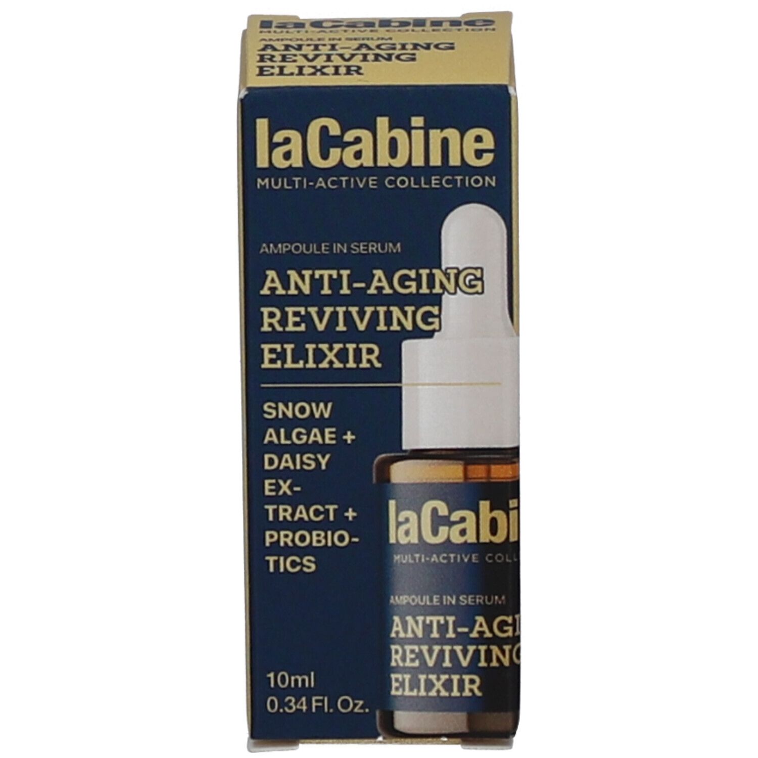Produktverpackung mit Flasche und kleiner Ampulle. Sichtbare Schriftzüge: laCabine, Anti-Aging Reviving Elixir, 10ml 0.34 Fl. Oz., Snow Algae + Daisy Extract + Probiotics.