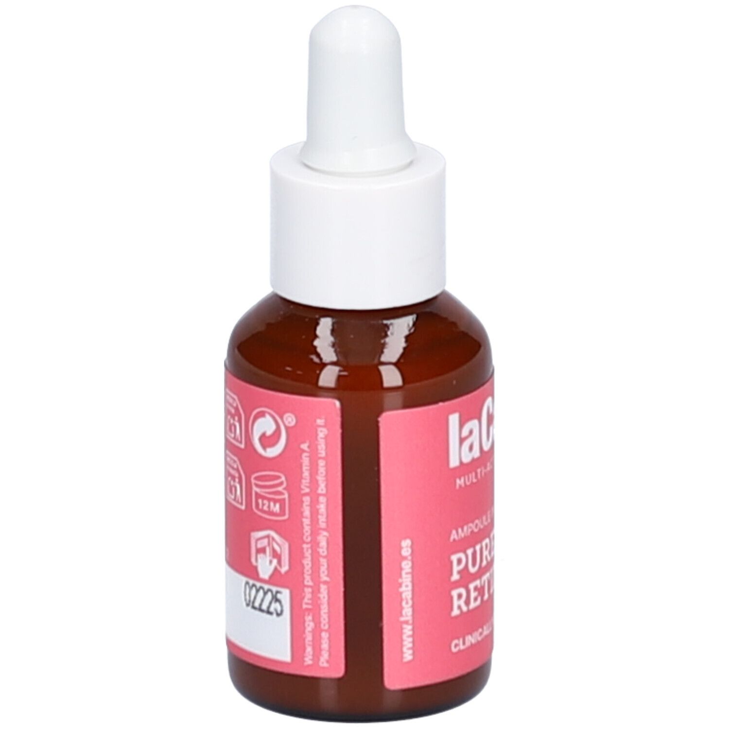 Braune Glasflasche mit weißem Tropfer. Rosa Etikett mit Text: Pure Retinol. Marke: laCabine. Mit Warnhinweisen.