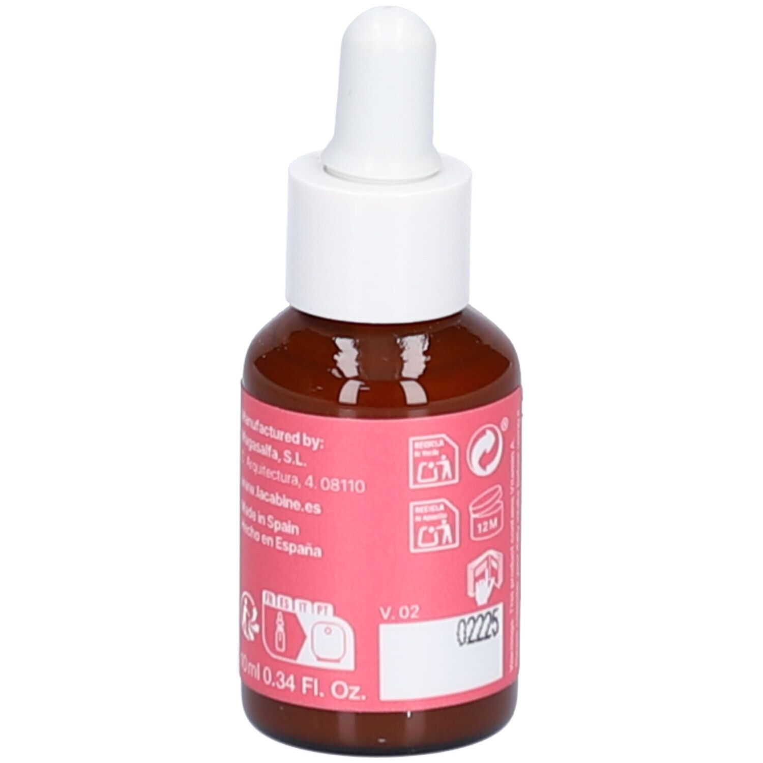 Rückansicht einer braunen Glasflasche mit weißem Tropfer. Rosa Etikett mit Text und Symbolen. Marke: laCabine. Hergestellt in Spanien.
