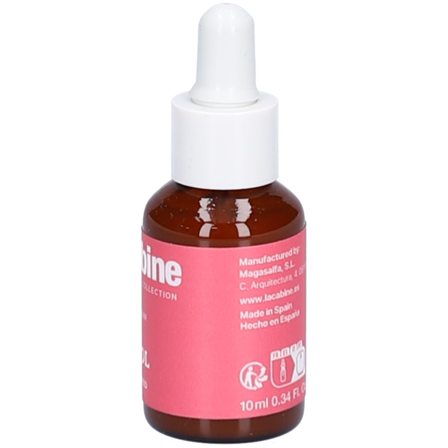 Braune Glasflasche mit weißem Tropfer. Rosa Etikett mit Text: Pure Retinol. Marke: laCabine. Volumen: 10 ml.
