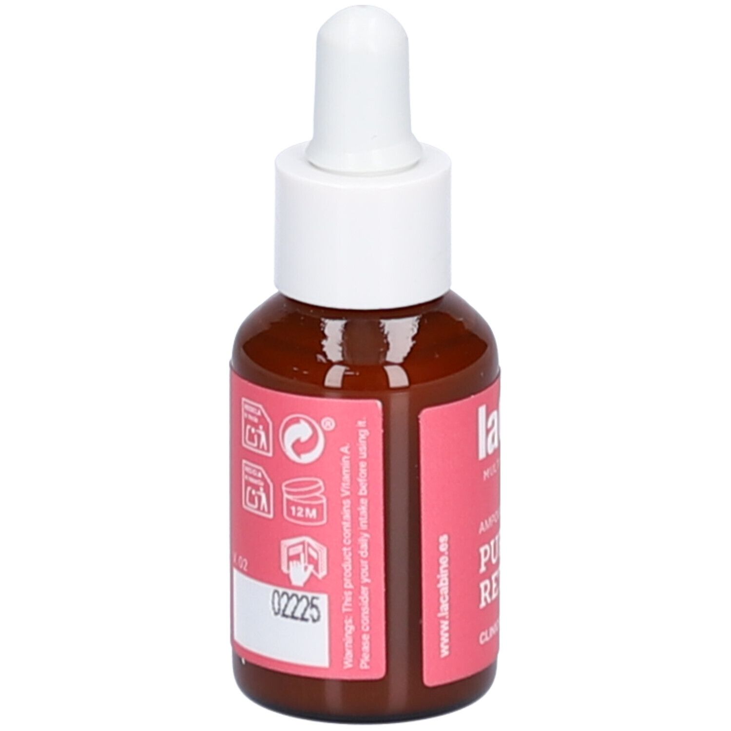 Braune Glasflasche mit weißem Tropfer. Rosa Etikett mit Text: Pure Retinol. Marke: laCabine. Mit Warnhinweisen.