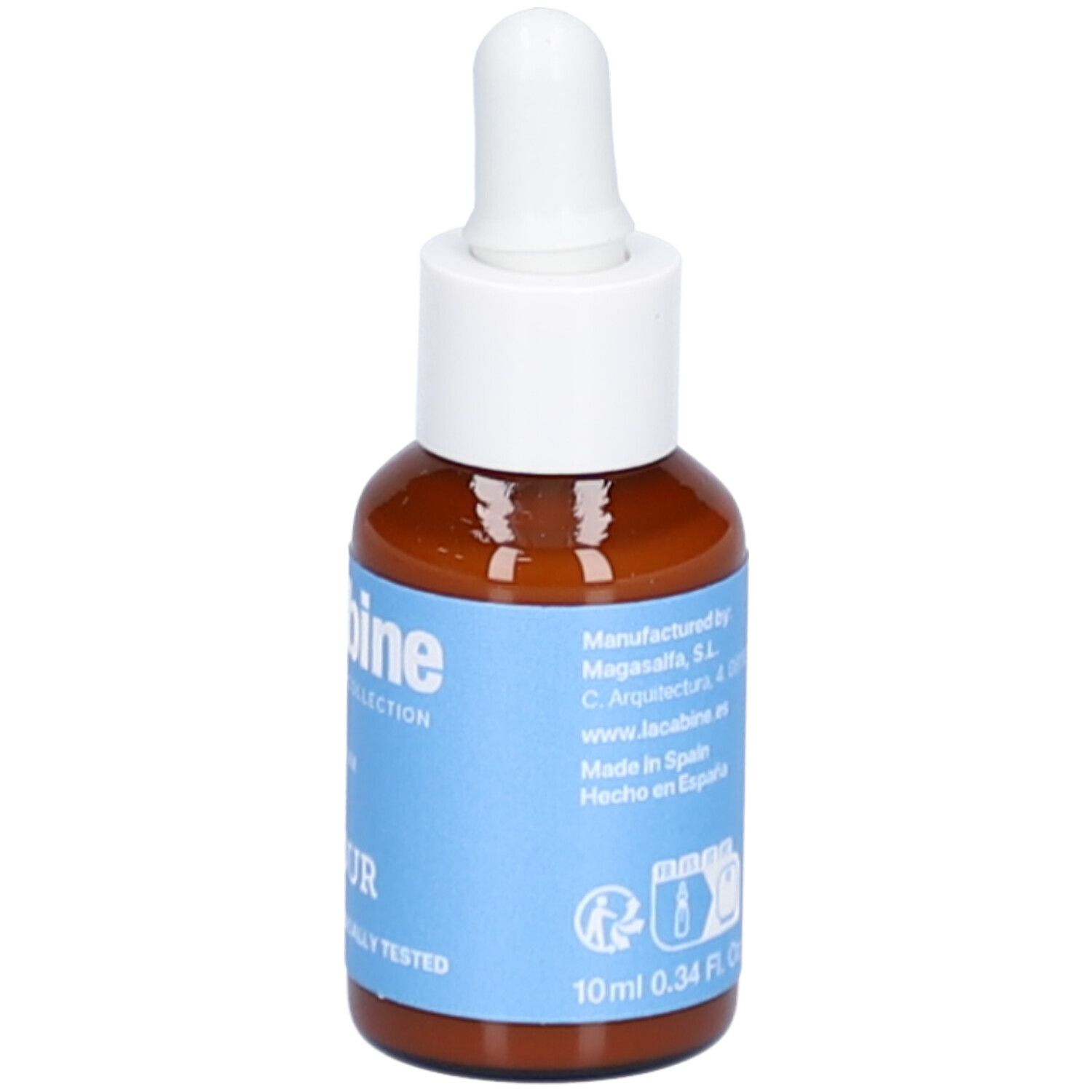 Braune Glasflasche mit weißem Deckel und Pipette. Blaues Etikett mit Produktinformationen und Aufschrift '10ml 0.34 Fl. Oz'.
