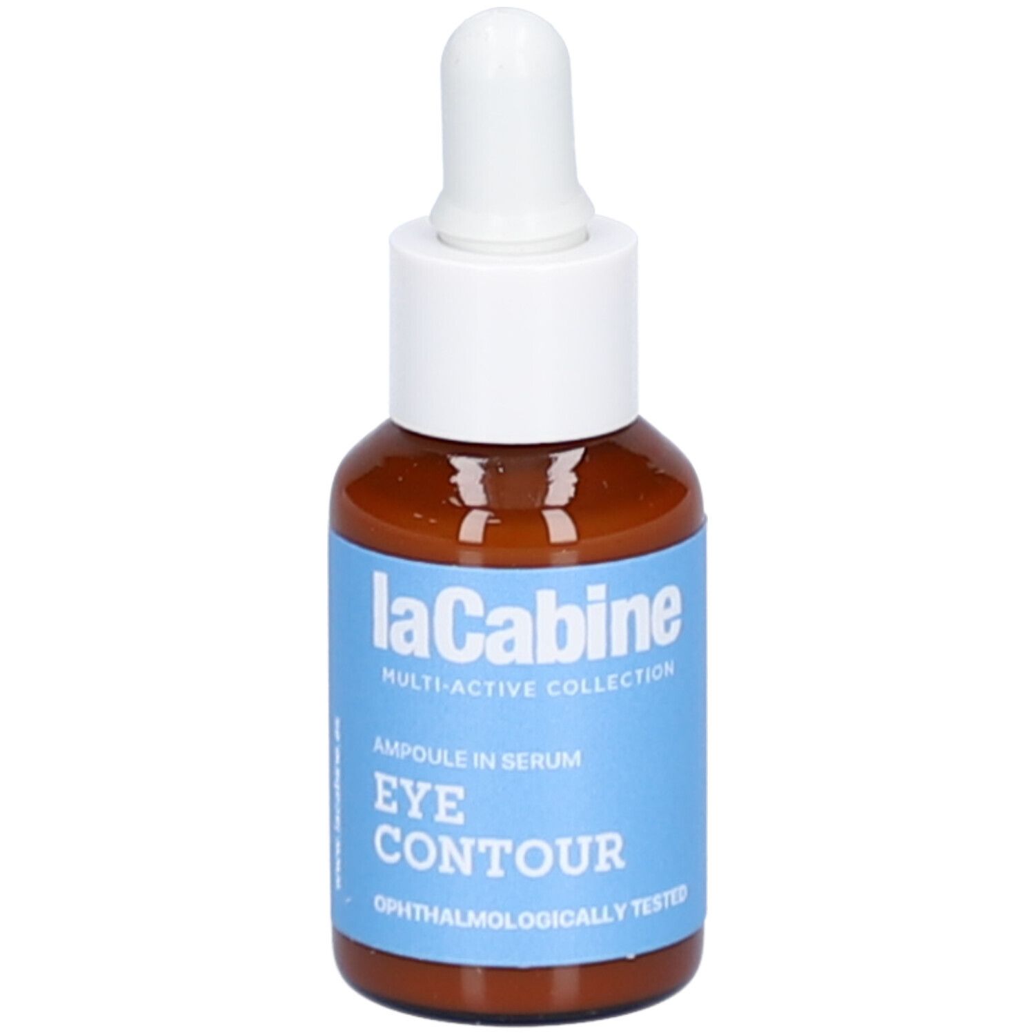 Braune Glasflasche mit weißem Deckel und Pipette. Blaues Etikett mit Produktnamen 'EYE CONTOUR' und 'laCabine'.