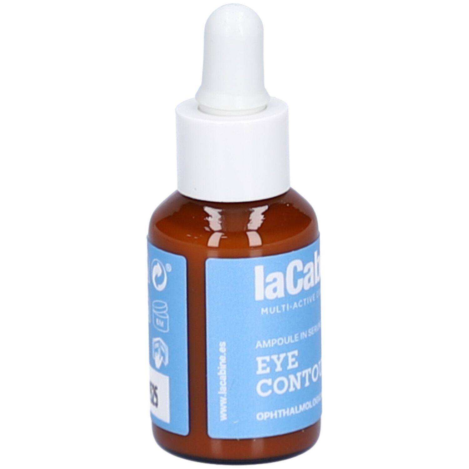Braune Glasflasche mit weißem Deckel und Pipette. Blaues Etikett mit Produktnamen 'EYE CONTOUR' und Chargennummer 07525.