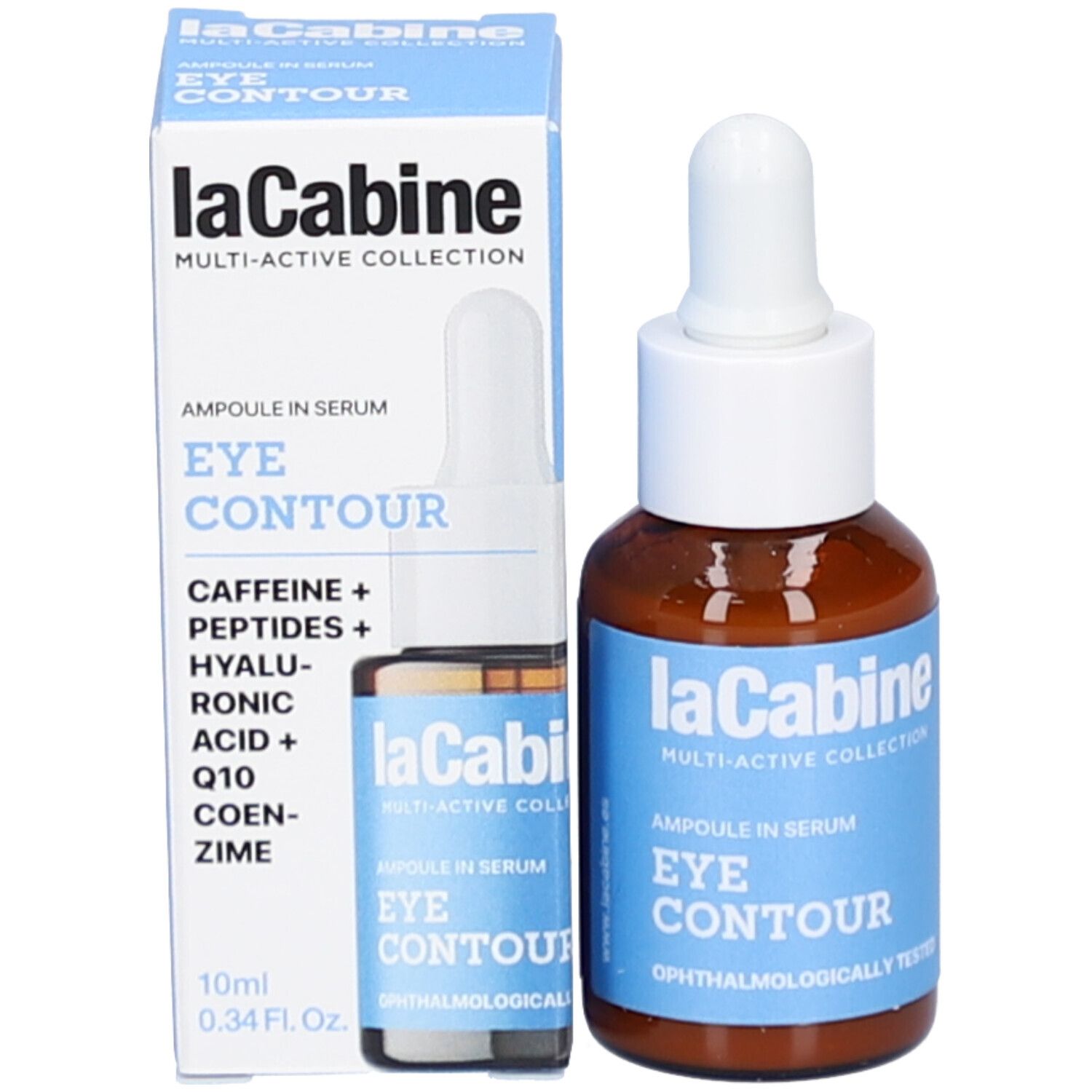 Produktflasche und Verpackung. Braune Flasche mit Pipette, blaue Verpackung. Aufschrift 'EYE CONTOUR' und 'laCabine'.