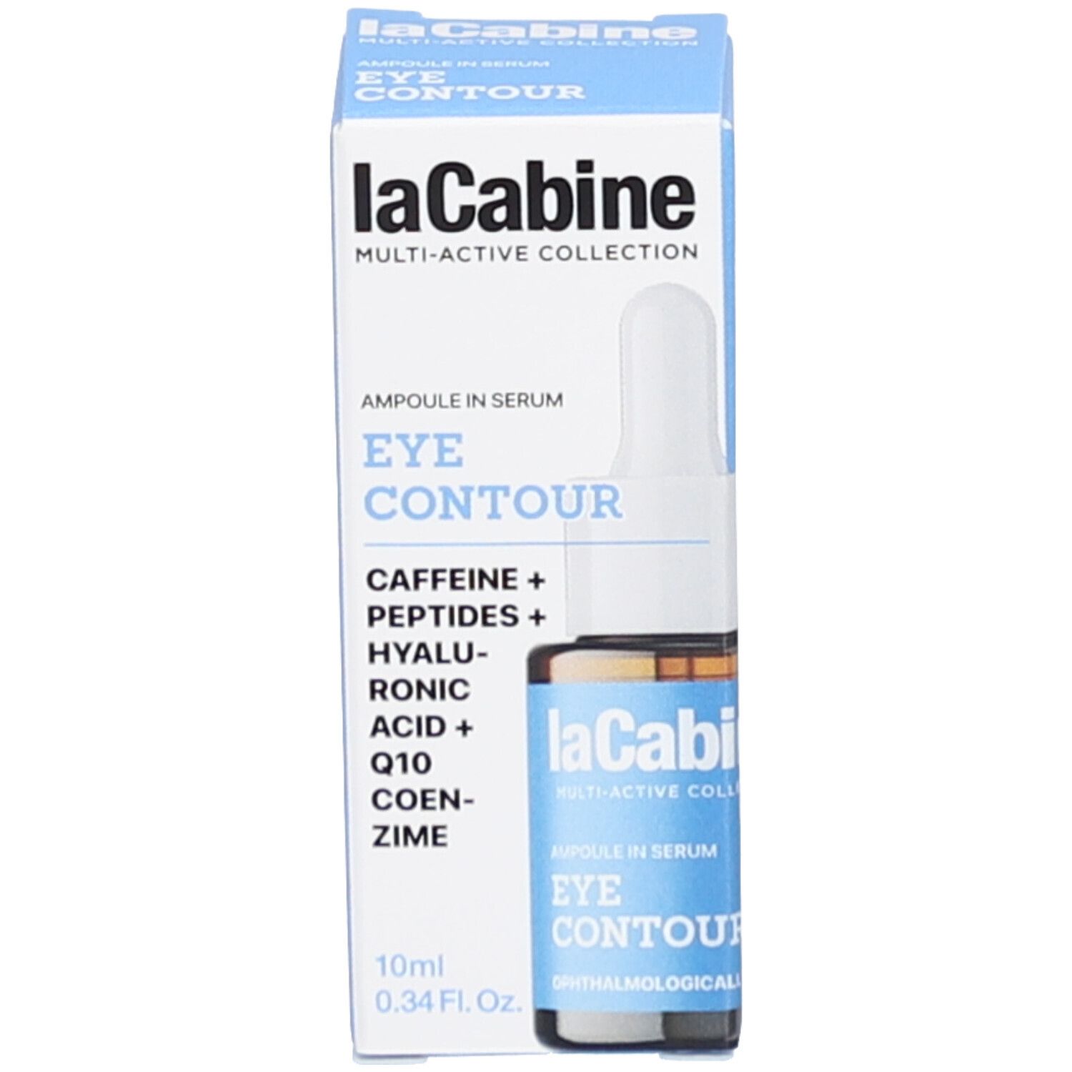 Produktflasche und Verpackung. Braune Flasche mit Pipette, blaue Verpackung. Aufschrift 'EYE CONTOUR' und 'laCabine'.