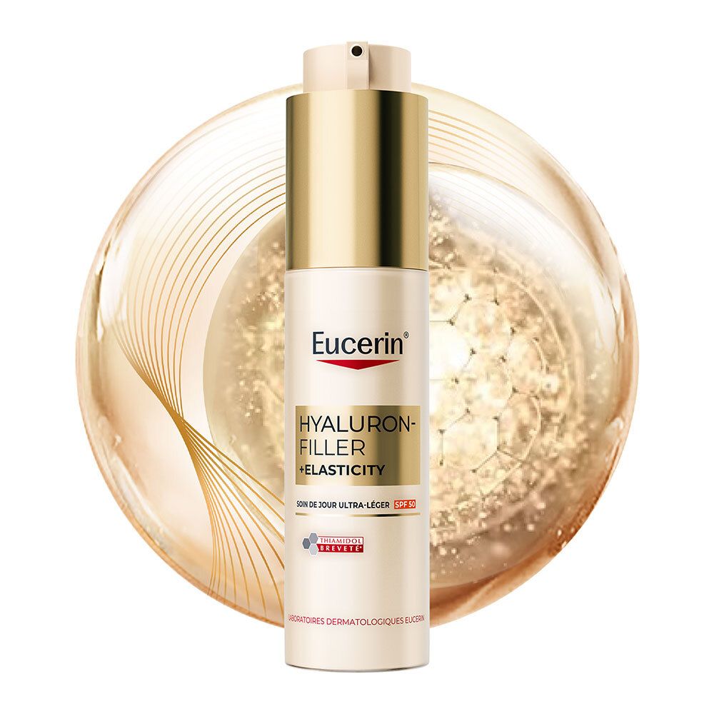 Eucerin Hyaluron-Filler + Elasticity. Creme-Flakon mit goldfarbenem Deckel. Hintergrund mit goldenen Linien.