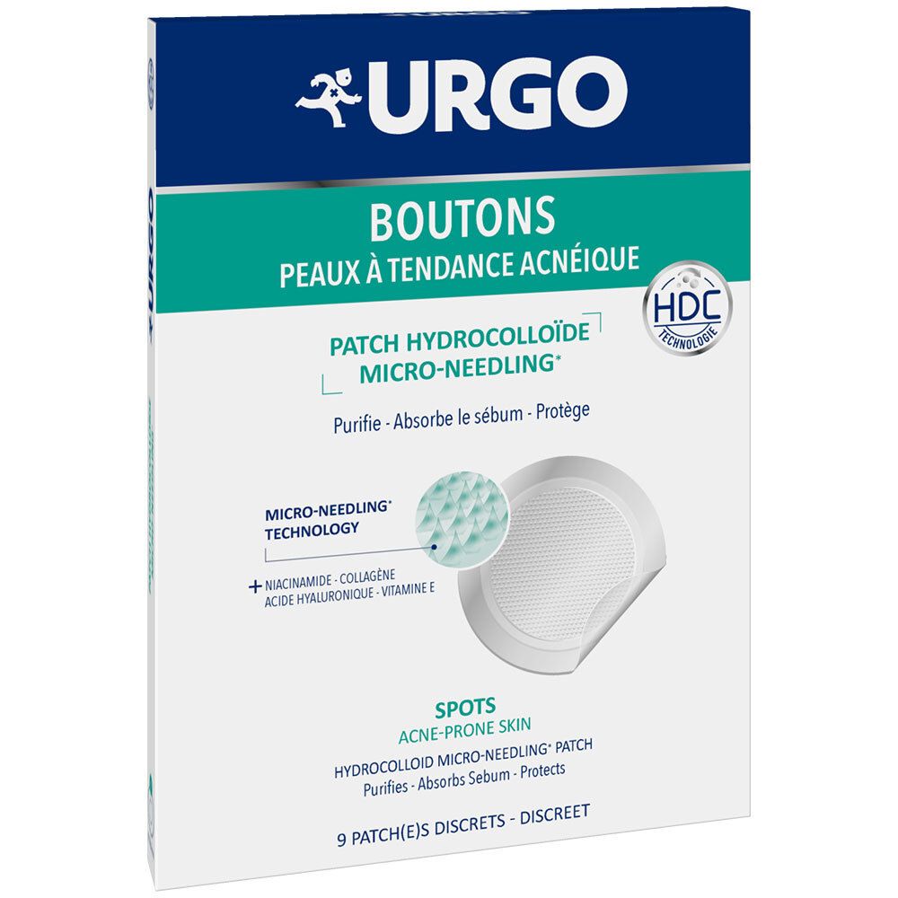 Karton mit URGO-Logo und Produktbezeichnung. Enthält runde, weiße Pflaster mit Mikro-Needling-Technologie für unreine Haut.
