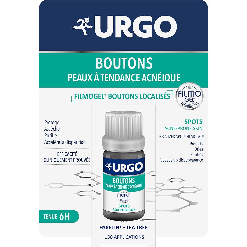 Produktverpackung mit Fläschchen. Aufschrift: URGO, Boutons, Peaux à tendance acnéique. Fläschchen mit weißem Deckel.