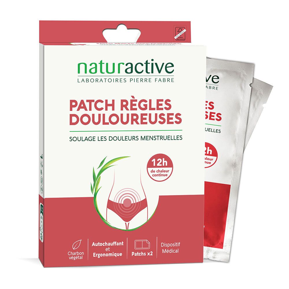 Verpackung mit zwei selbstwärmenden Pflastern für Menstruationsbeschwerden. Zeigt eine stilisierte weibliche Silhouette.
