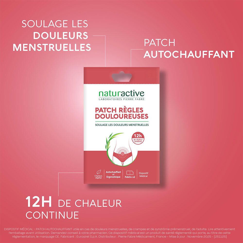 Produktverpackung mit Textangaben zu 12h kontinuierlicher Wärme und Linderung von Menstruationsschmerzen.