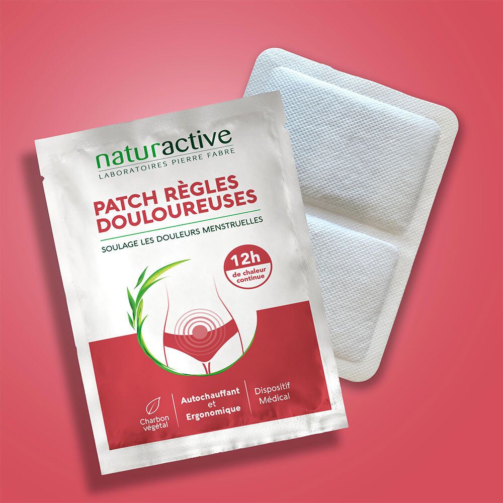 Verpackung und ein einzelnes selbstwärmendes Pflaster für Menstruationsbeschwerden.