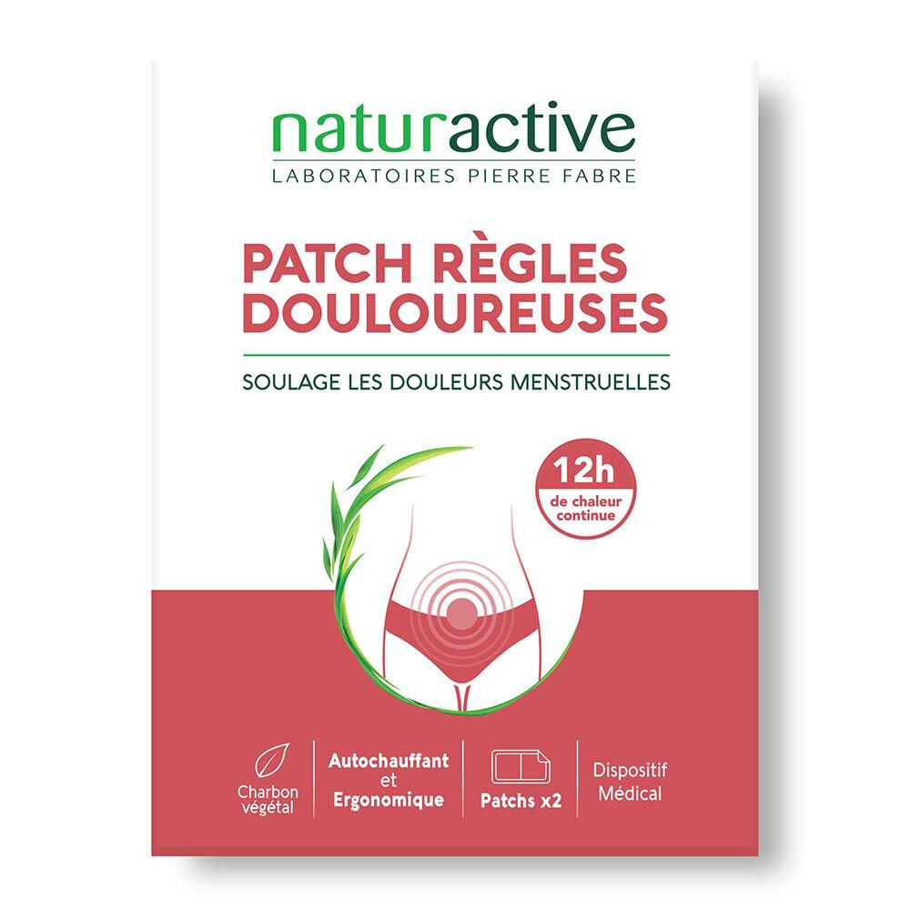 Vorderseite der Produktverpackung für selbstwärmende Pflaster bei Menstruationsbeschwerden.