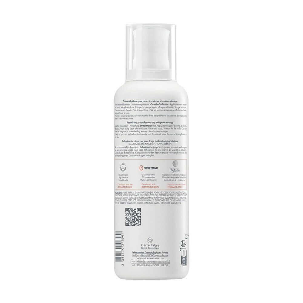 Rückseite der Avène XeraCalm AD Creme Flasche mit Anwendungshinweisen und Inhaltsstoffen.