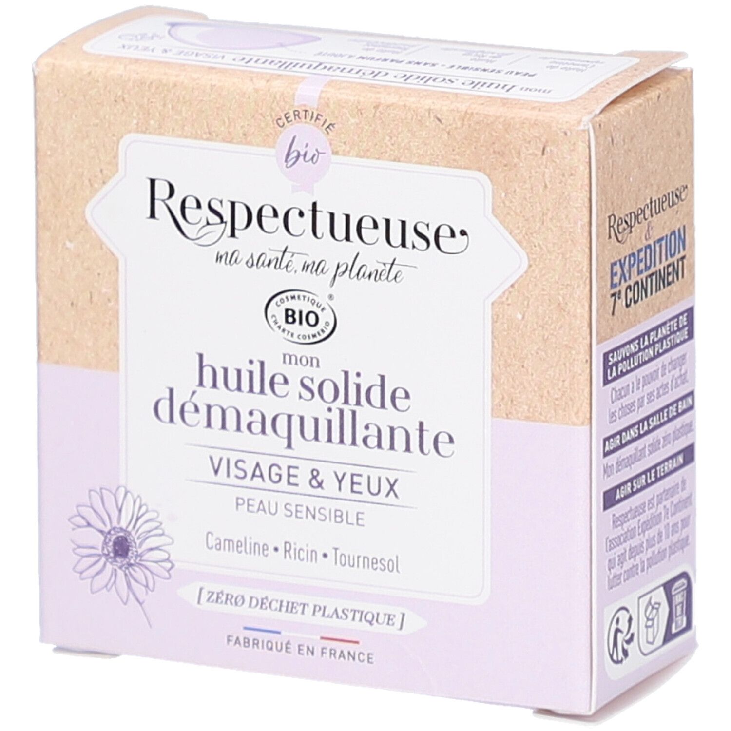 Kartonverpackung mit Produktinformationen. Aufschrift: "Respectueuse", "Huile solide démaquillante", "Visage & Yeux". Bio-Zertifizierung.