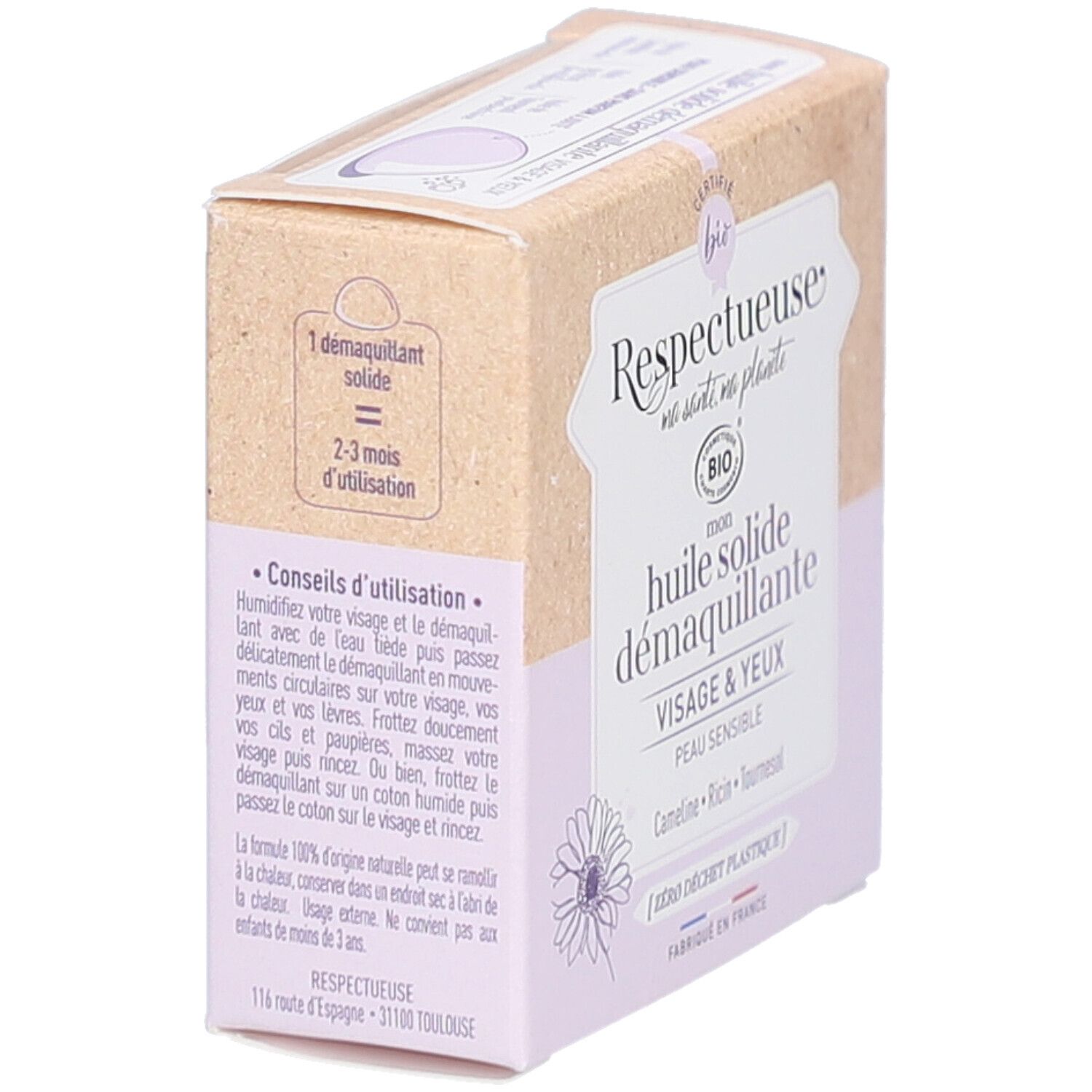 Kartonverpackung, Seitenansicht. Aufschrift: "Respectueuse", "Huile solide démaquillante", "Visage & Yeux". Gebrauchsanweisung und Haltbarkeit.