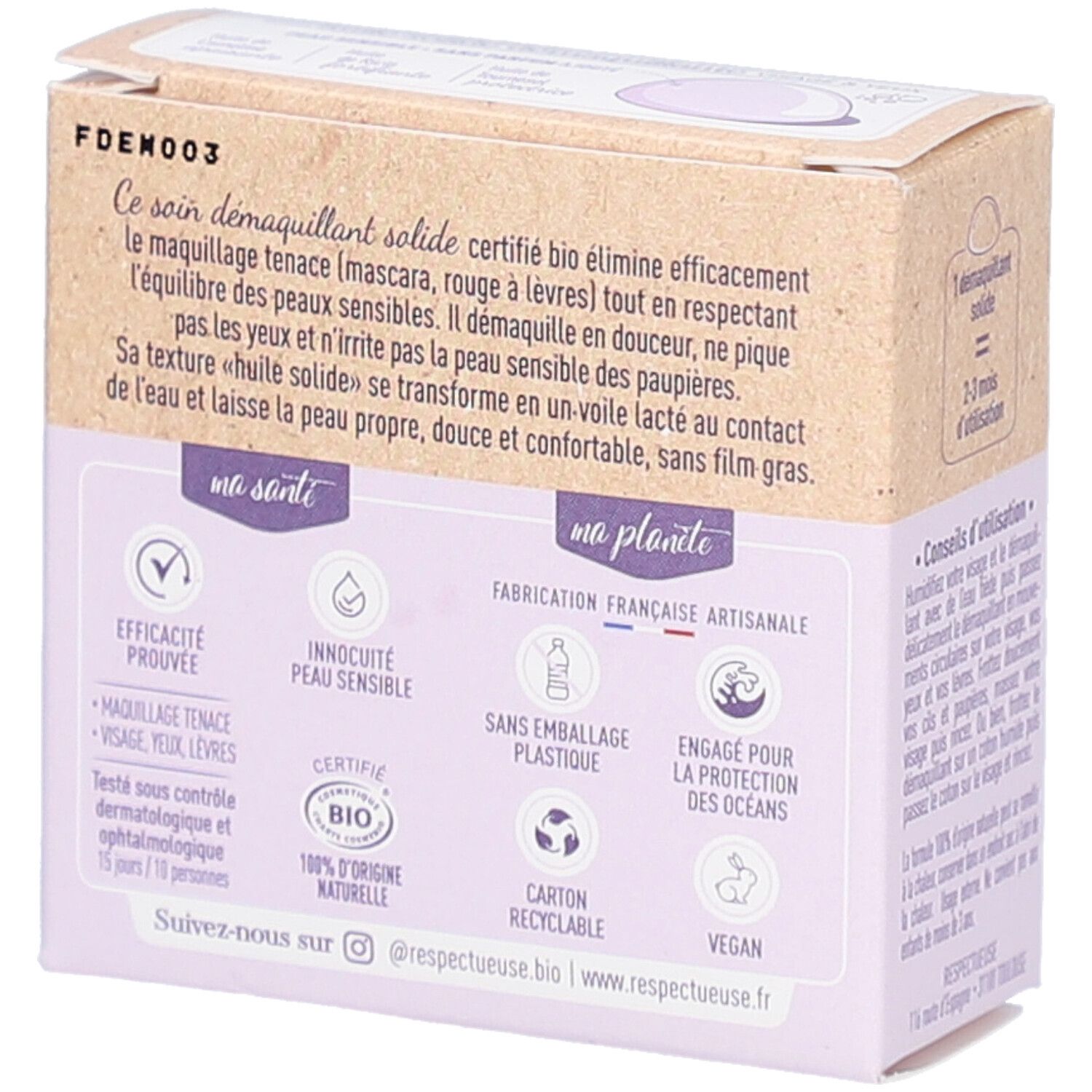 Rückseite der Kartonverpackung. Text: "Efficacité prouvée", "Sans emballage plastique", "Vegan". Zertifizierungen und Logos.