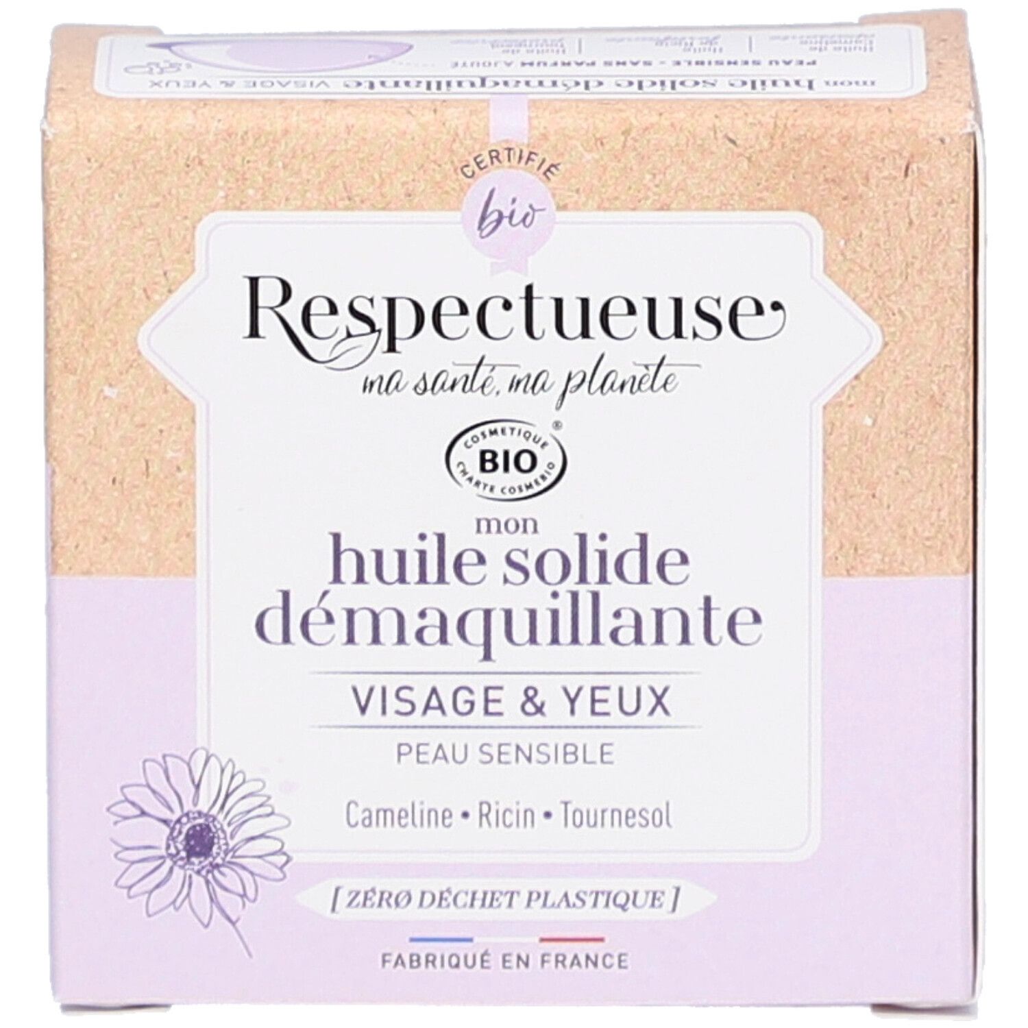 Kartonverpackung mit Produktinformationen. Aufschrift: "Respectueuse", "Huile solide démaquillante", "Visage & Yeux". Bio-Zertifizierung.