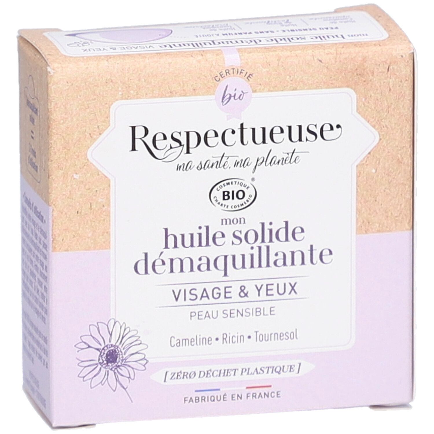 Kartonverpackung mit Produktinformationen. Aufschrift: "Respectueuse", "Huile solide démaquillante", "Visage & Yeux". Bio-Zertifizierung.