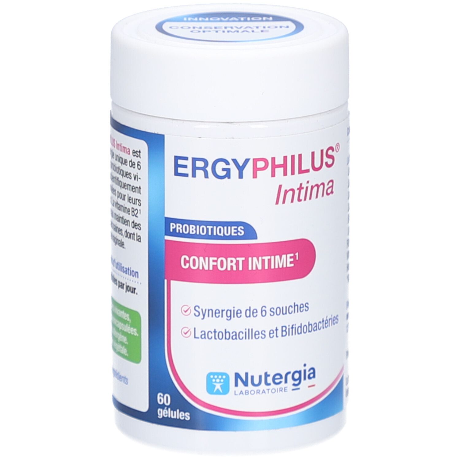 Weißes, zylindrisches Behältnis mit blau-rosa Etikett. Aufschrift: ERGYPHILUS Intima, Probiotika, Confort Intime, 60 gélules. Marke: Nutergia.