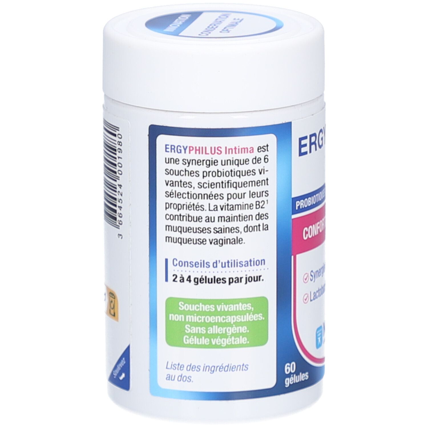 Rückseite des weißen, zylindrischen Behälters. Text: ERGYPHILUS Intima, 6 souches probiotiques. Gebrauchsanweisung: 2 à 4 gélules par jour. 60 gélules.